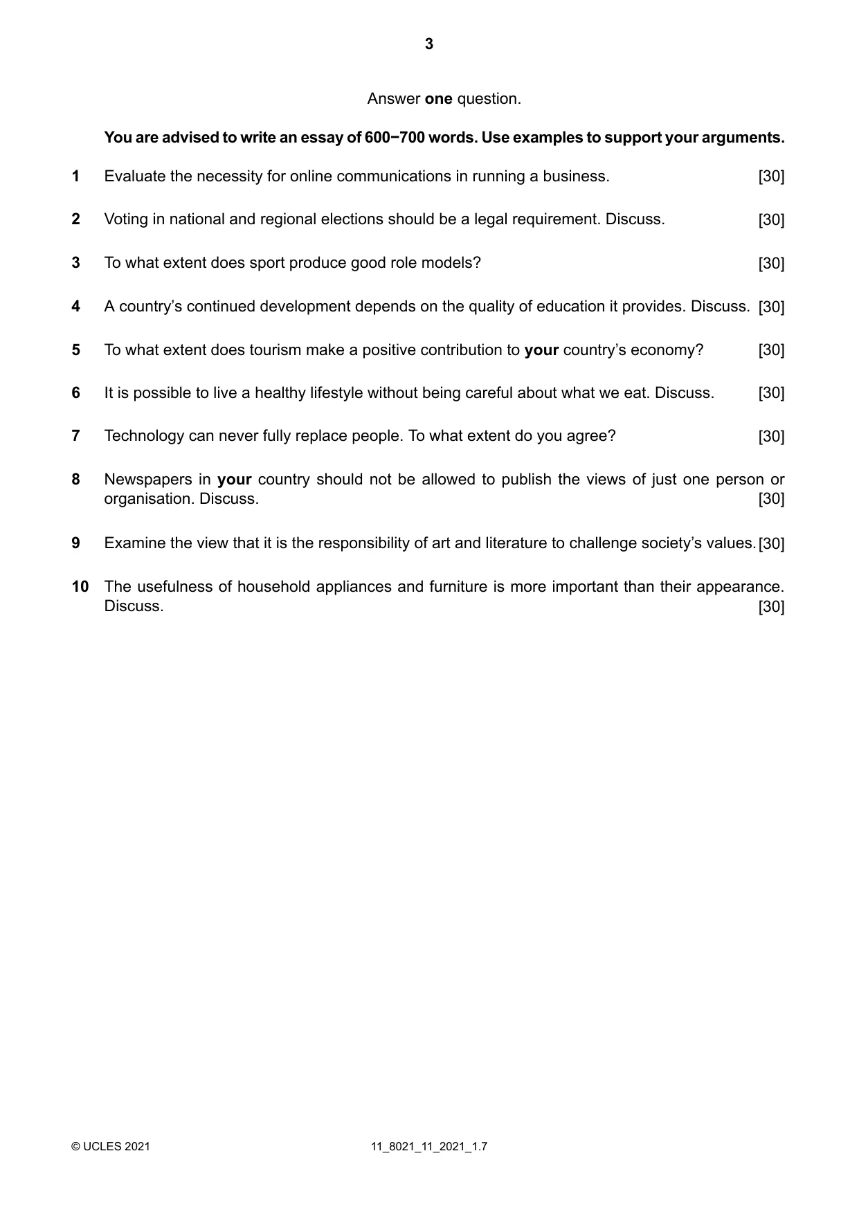 Cambridge A Level English General Paper 8021 2021 Oct/Nov Paper 1 · Variant 1 question paper, page 3 of 4