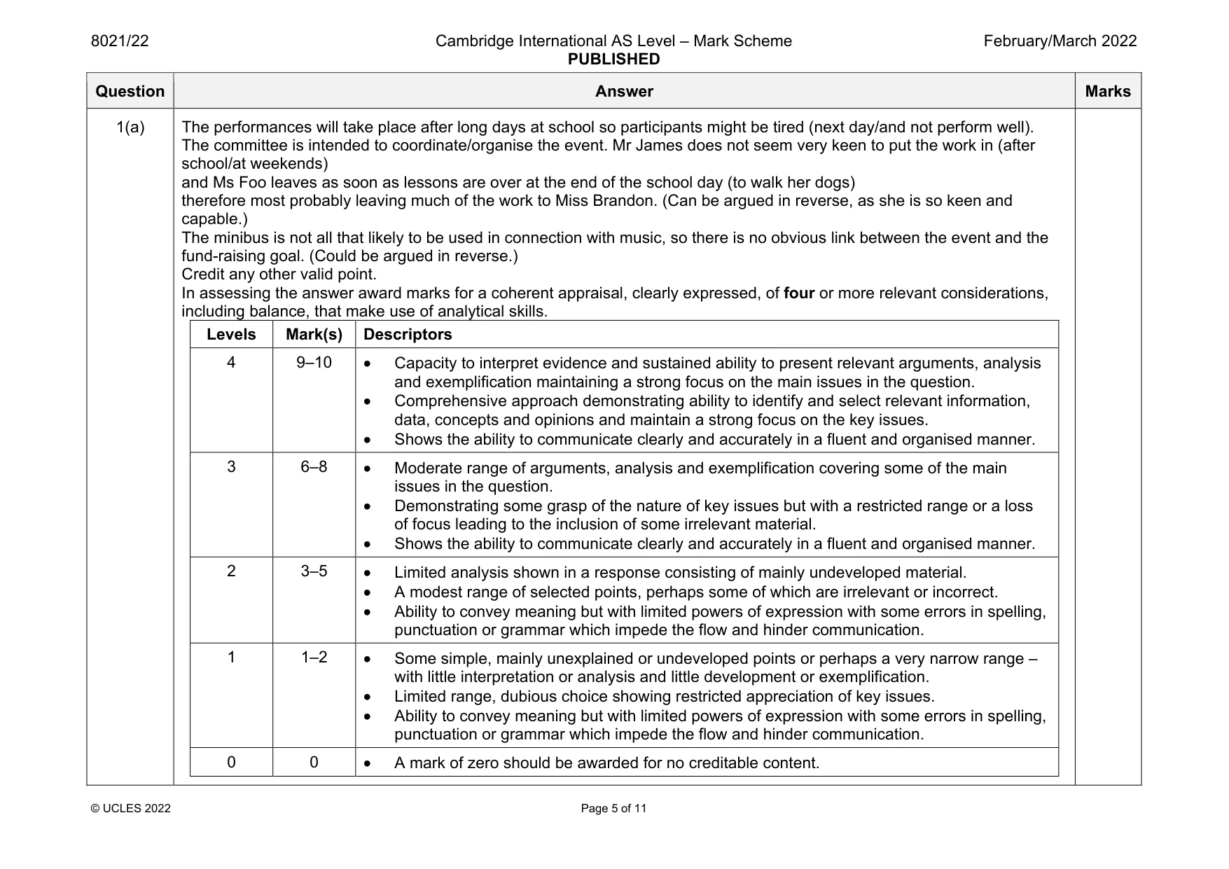 Mark scheme, page 5 of 11