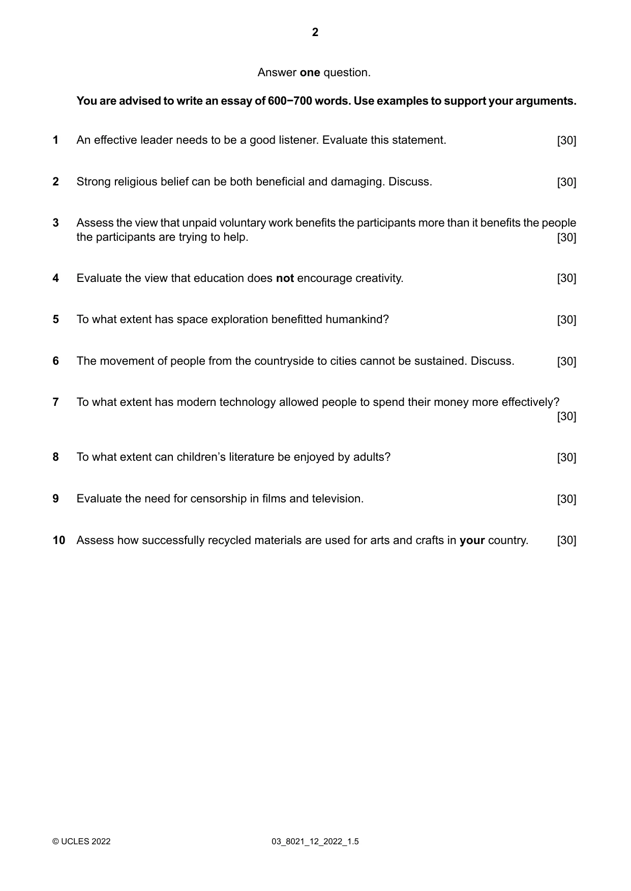 Cambridge A Level English General Paper 8021 2022 Feb/March Paper 1 · Variant 2 question paper, page 2 of 4