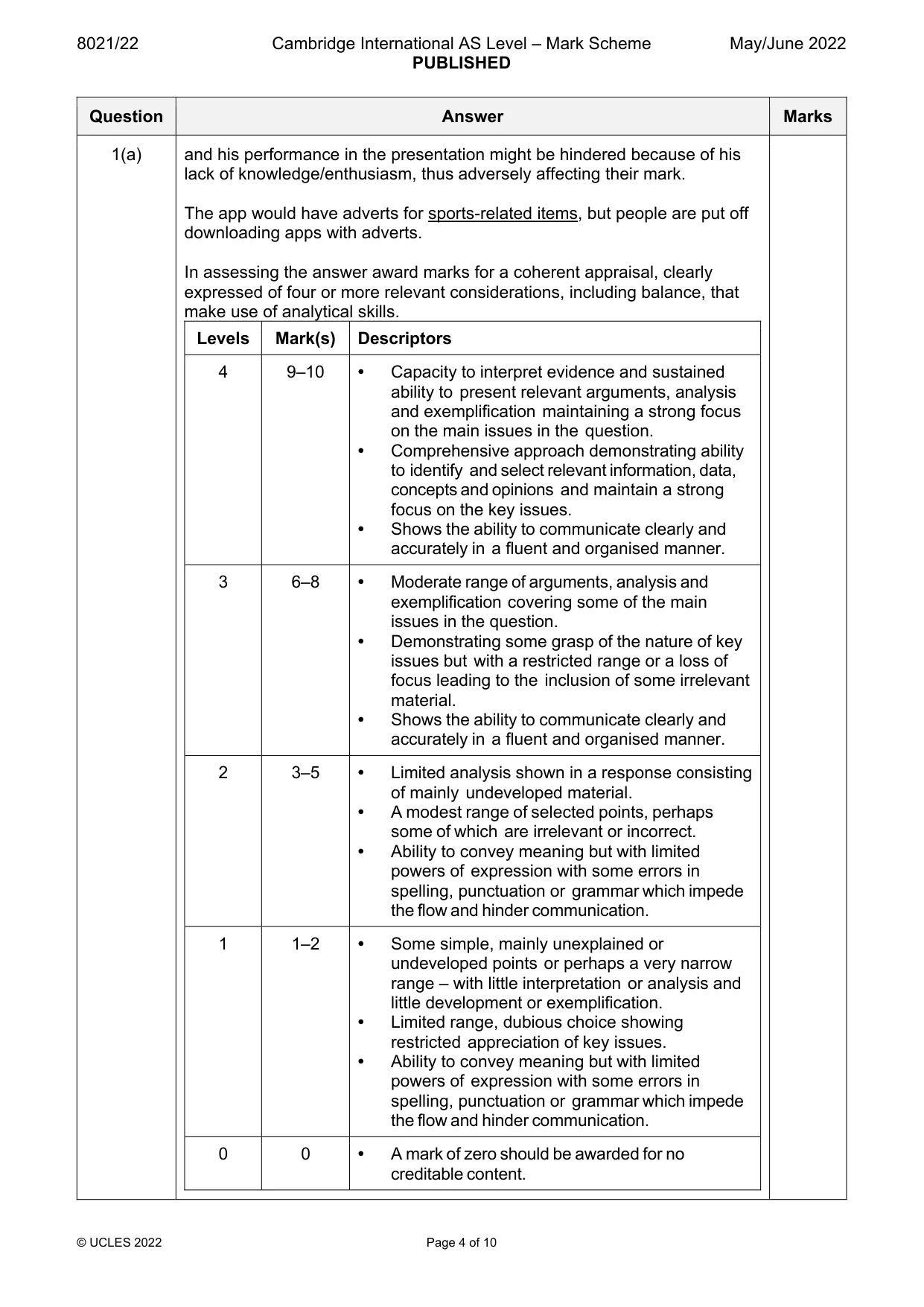 Mark scheme, page 4 of 10