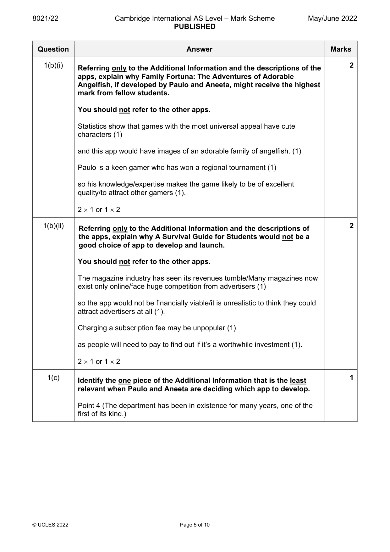 Mark scheme, page 5 of 10