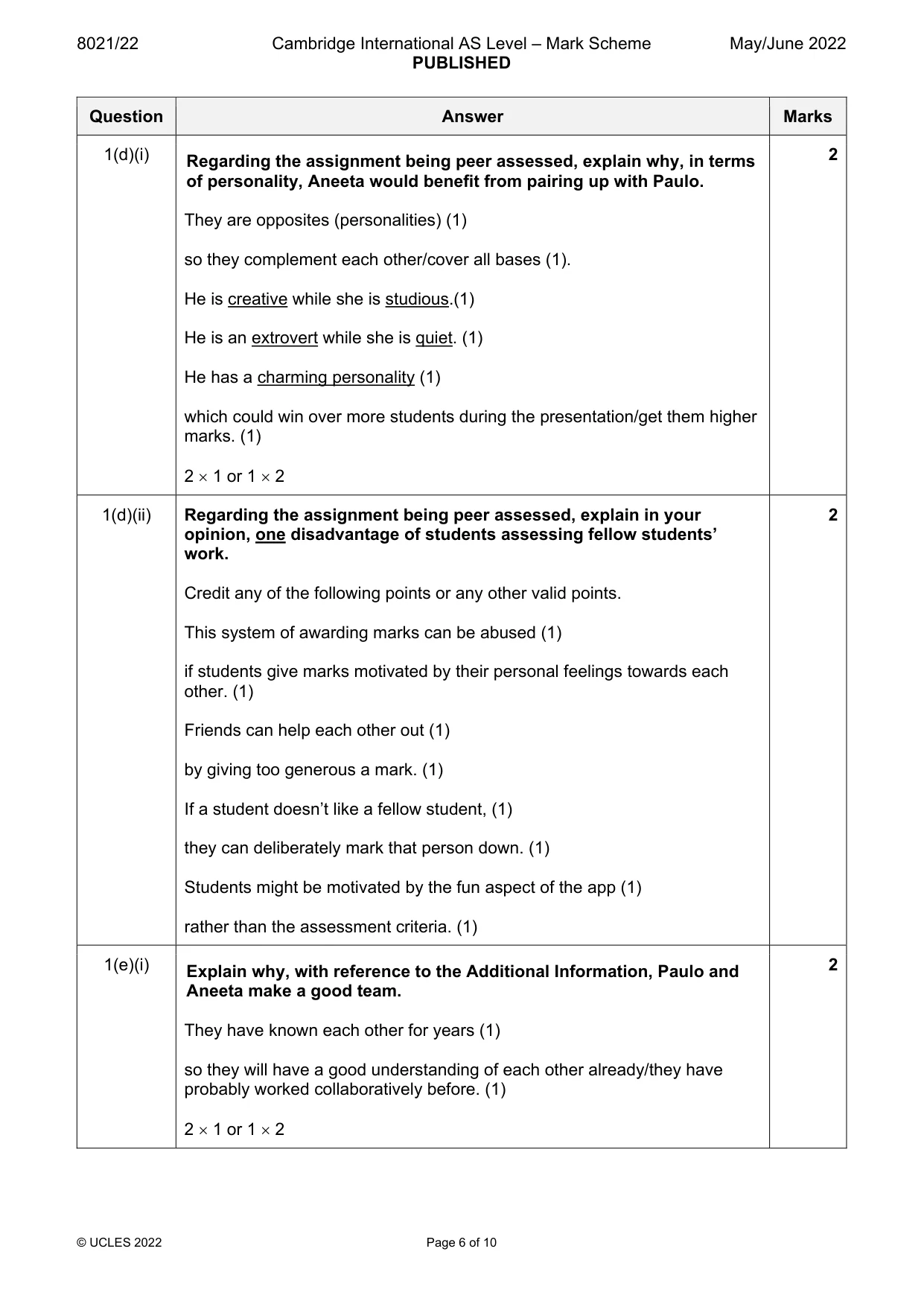 Mark scheme, page 6 of 10