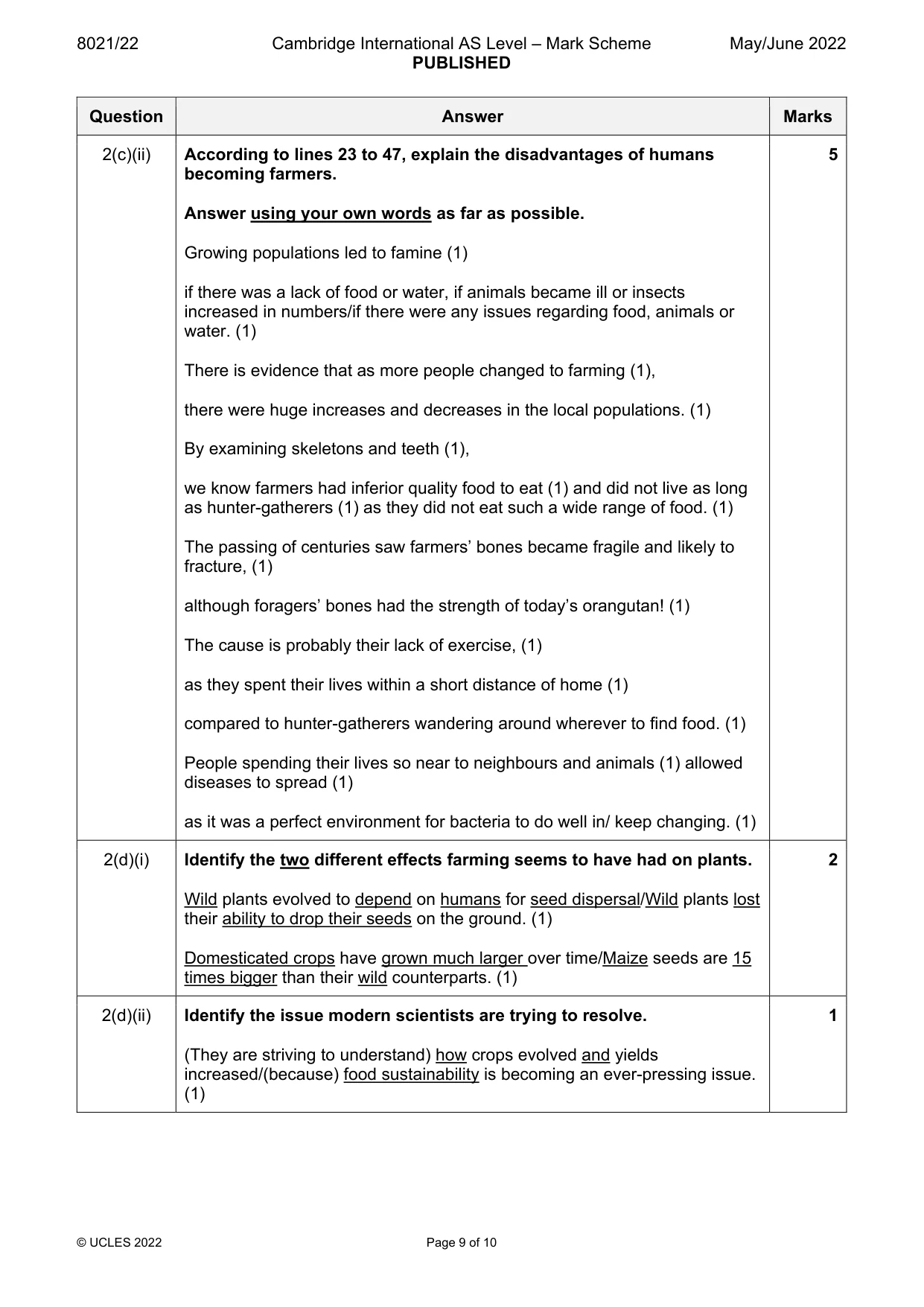 Mark scheme, page 9 of 10