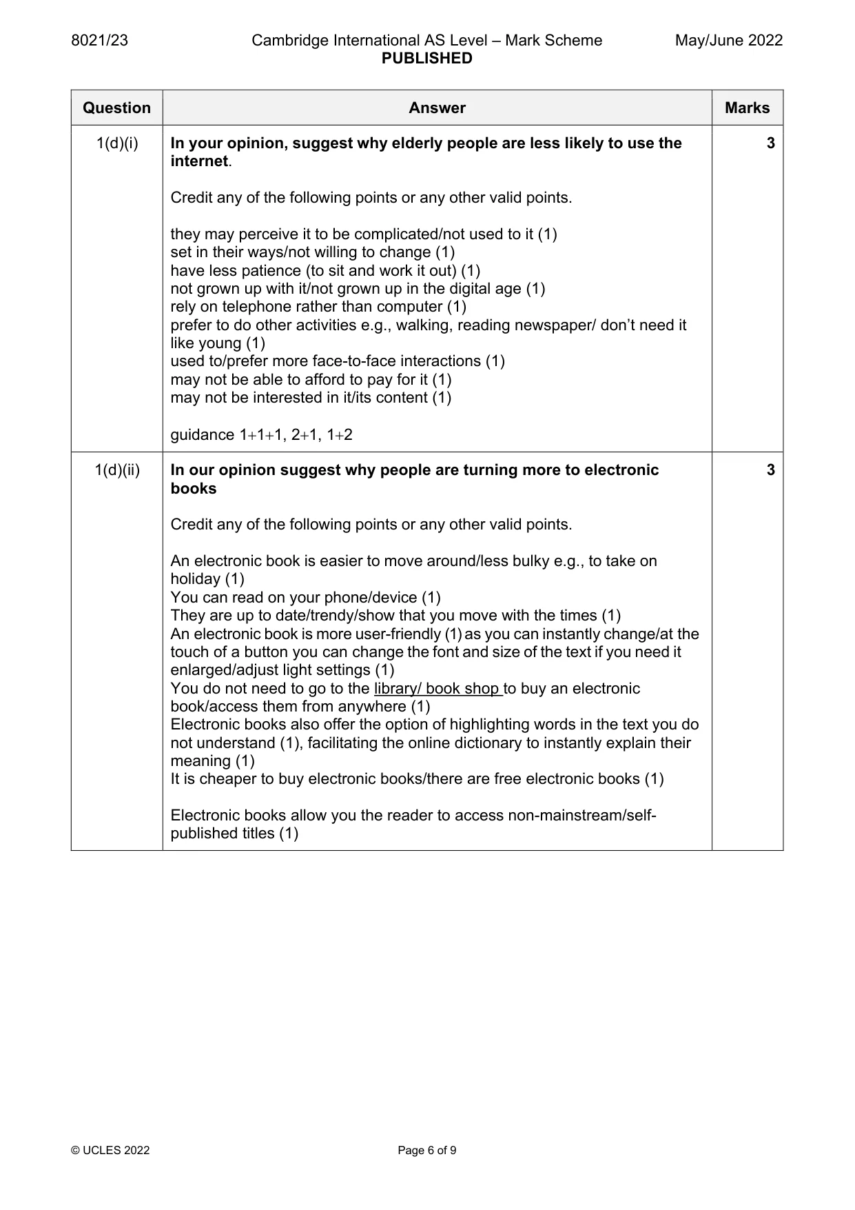 Mark scheme, page 6 of 9