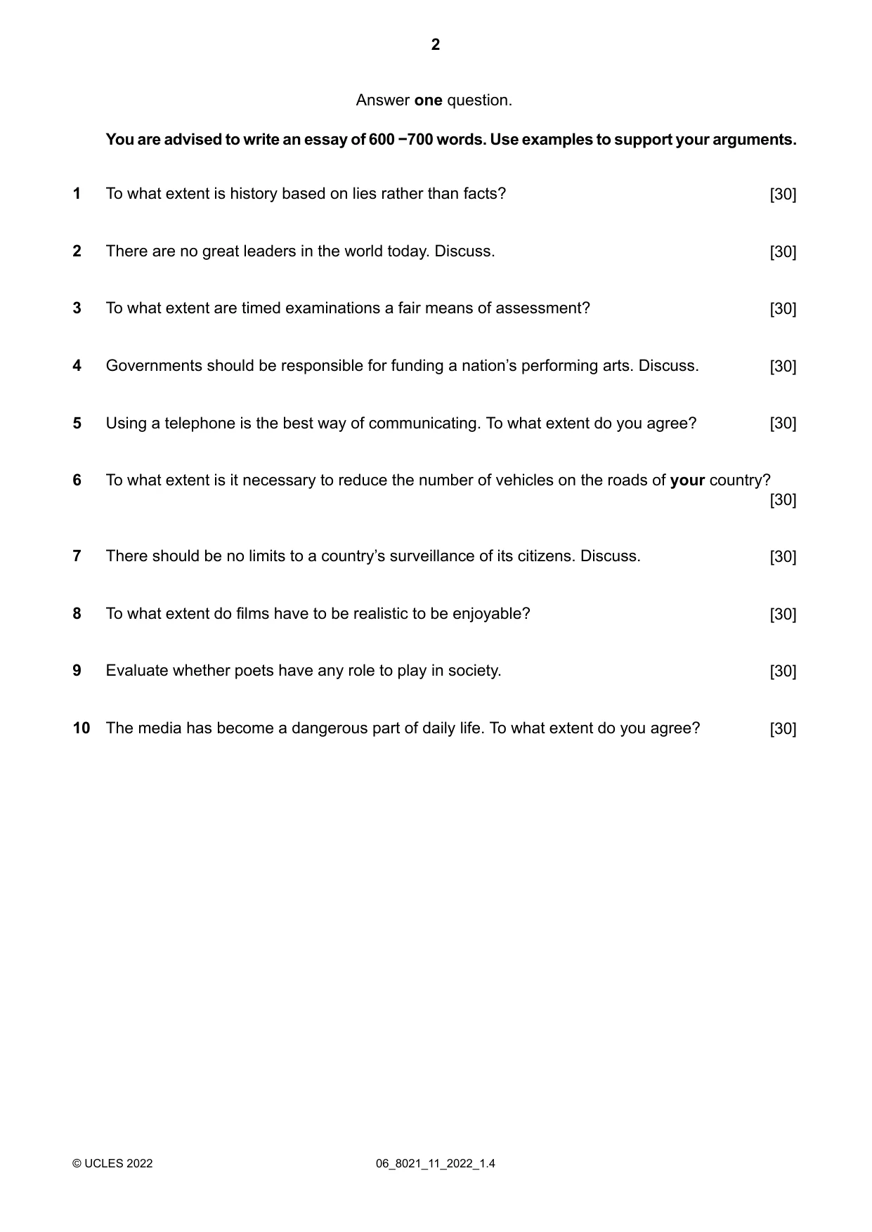 Cambridge A Level English General Paper 8021 2022 May/June Paper 1 · Variant 1 question paper, page 2 of 4