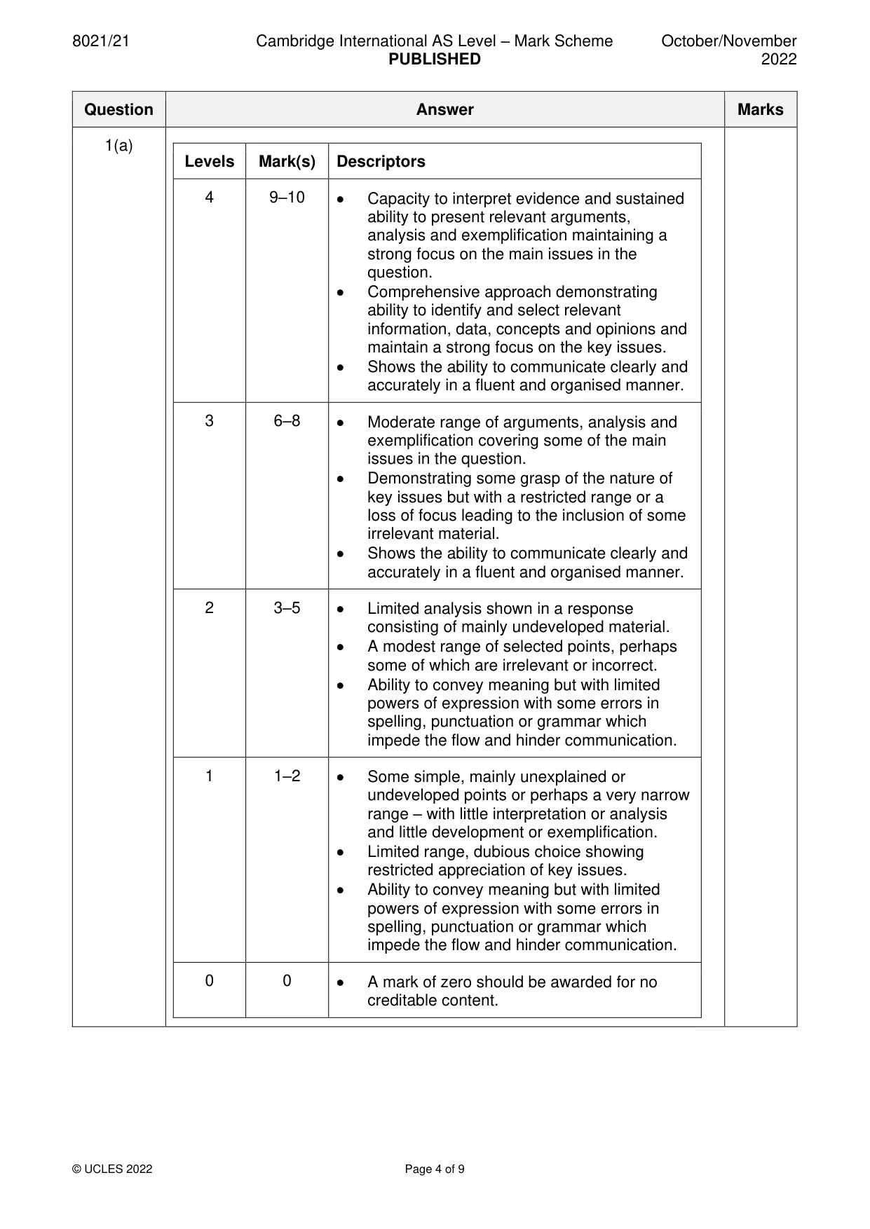 Mark scheme, page 4 of 9
