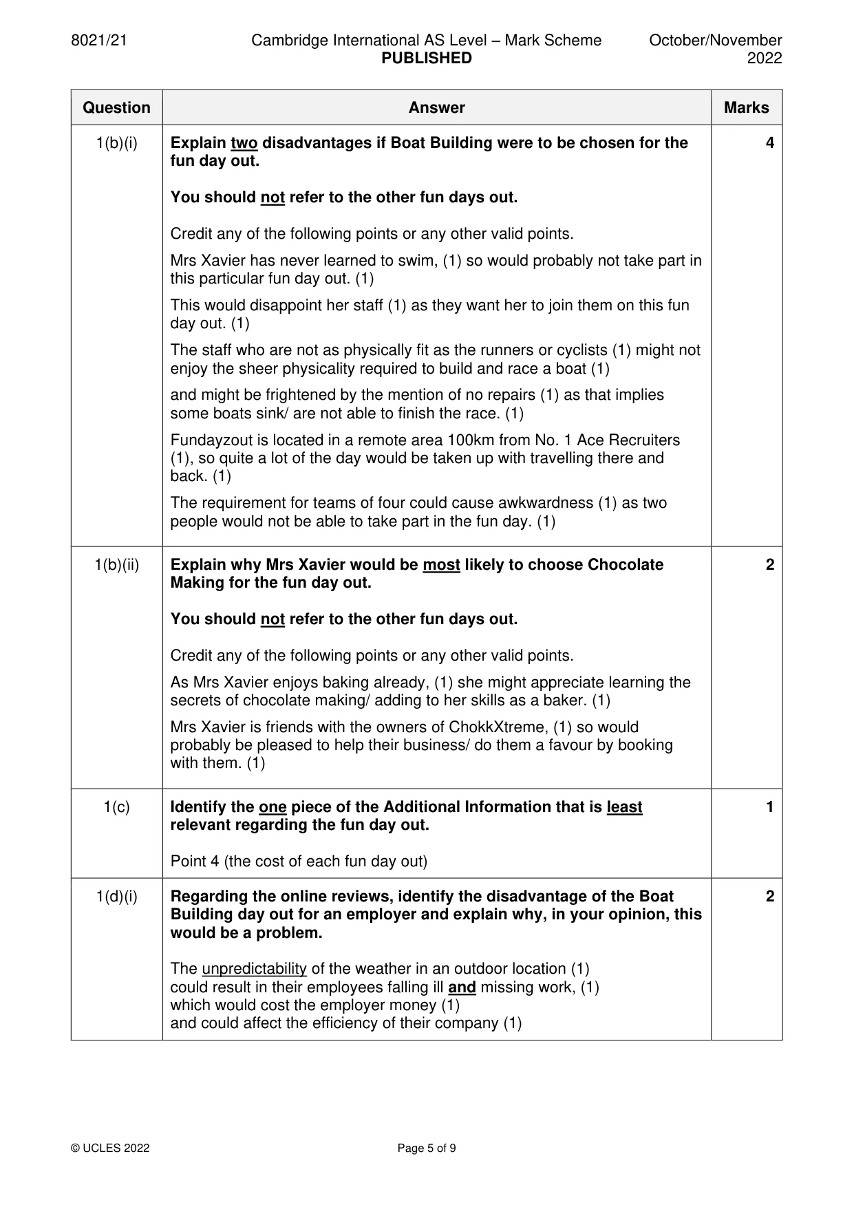 Mark scheme, page 5 of 9