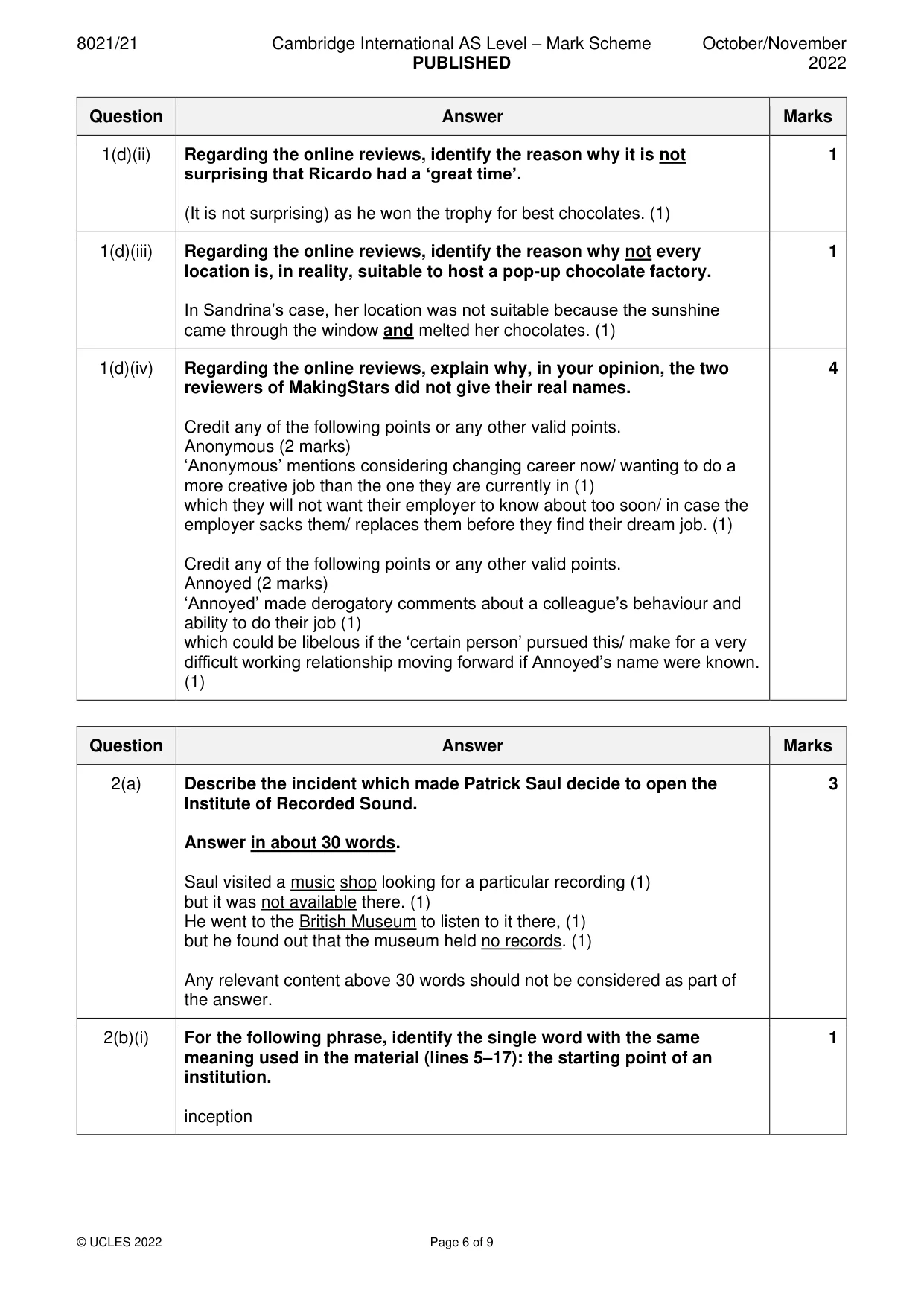 Mark scheme, page 6 of 9