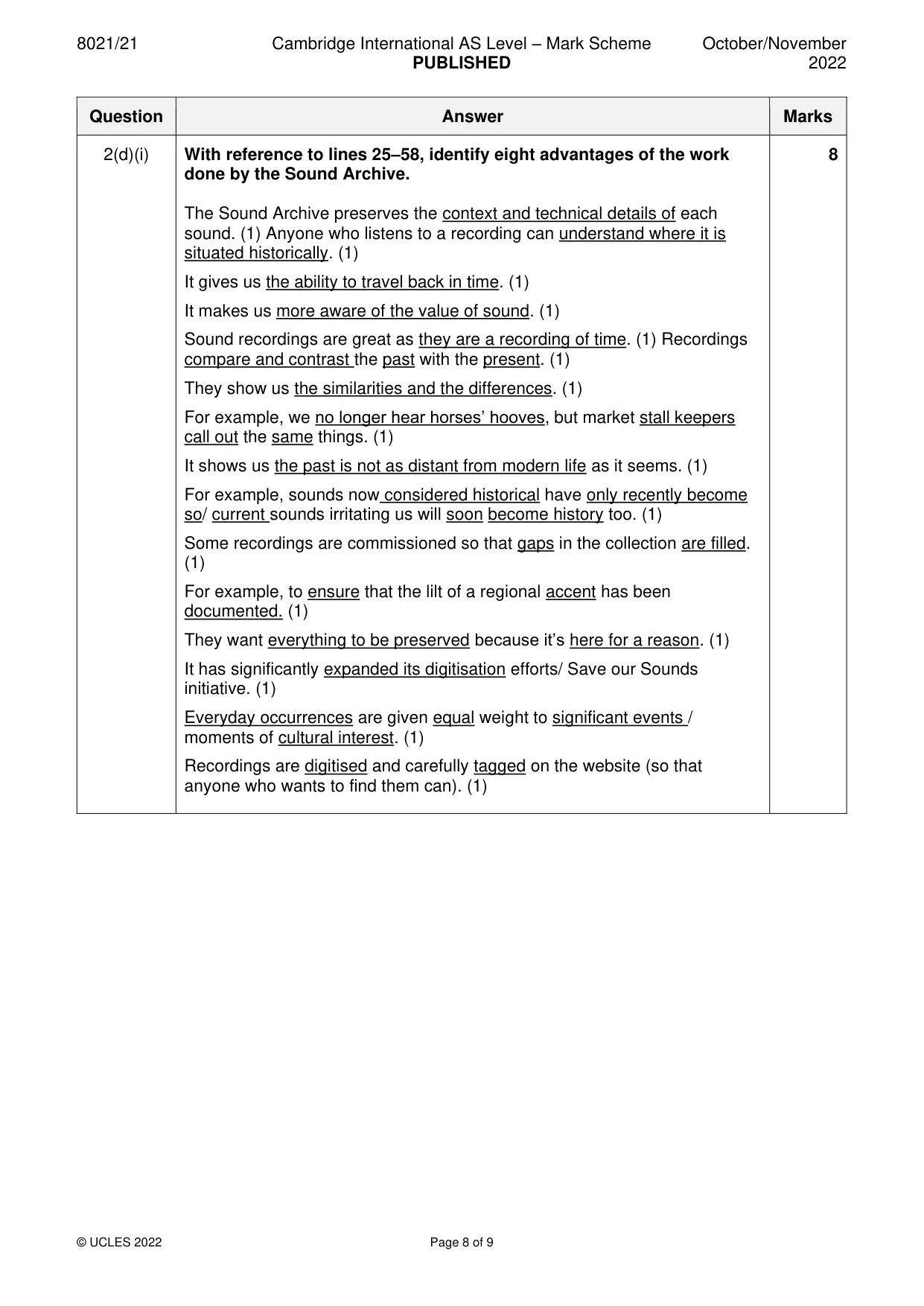 Mark scheme, page 8 of 9