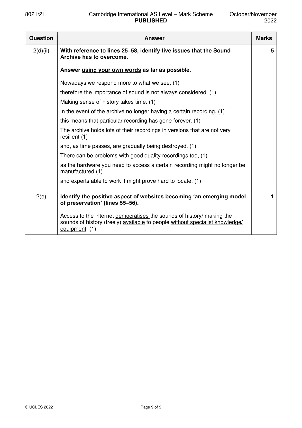 Mark scheme, page 9 of 9