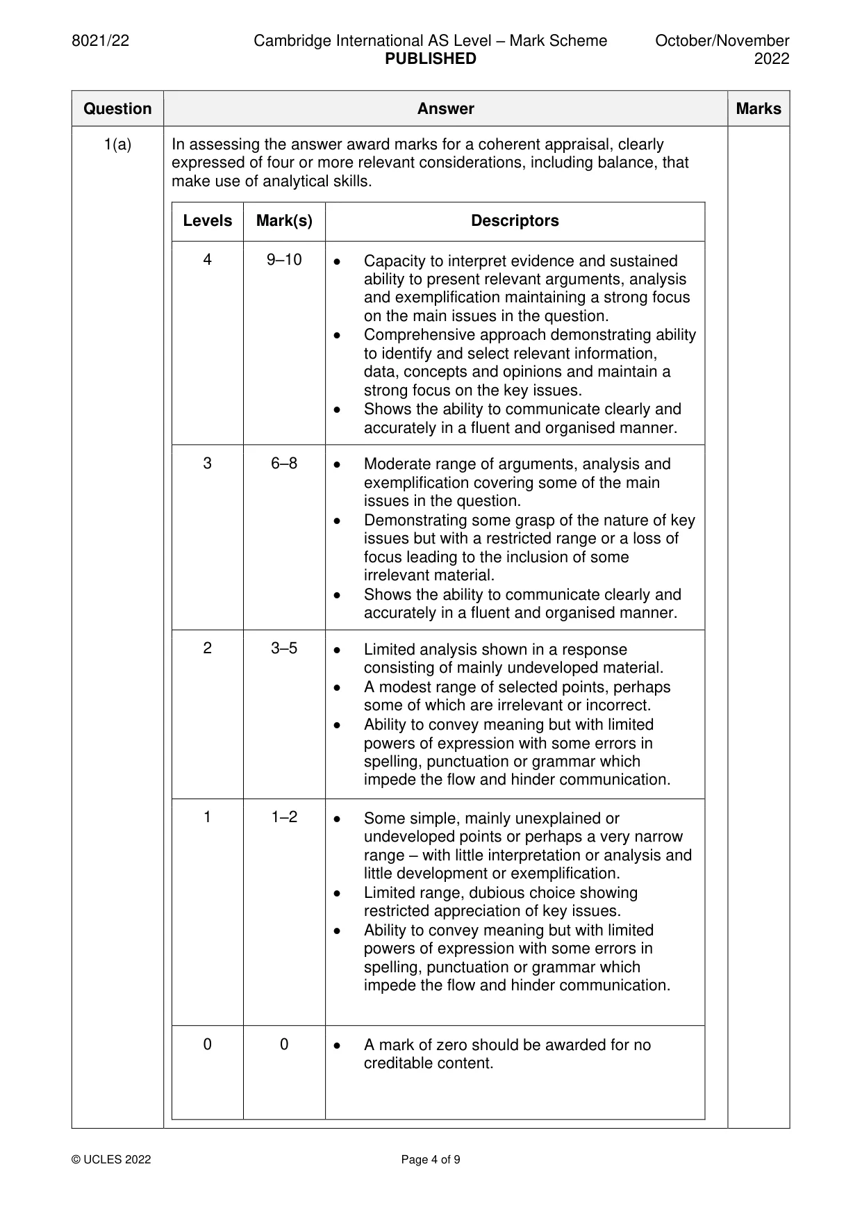 Mark scheme, page 4 of 9