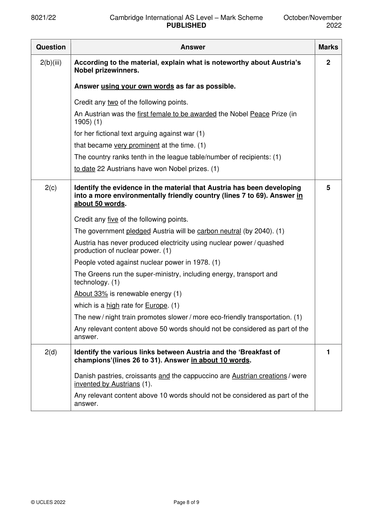 Mark scheme, page 8 of 9