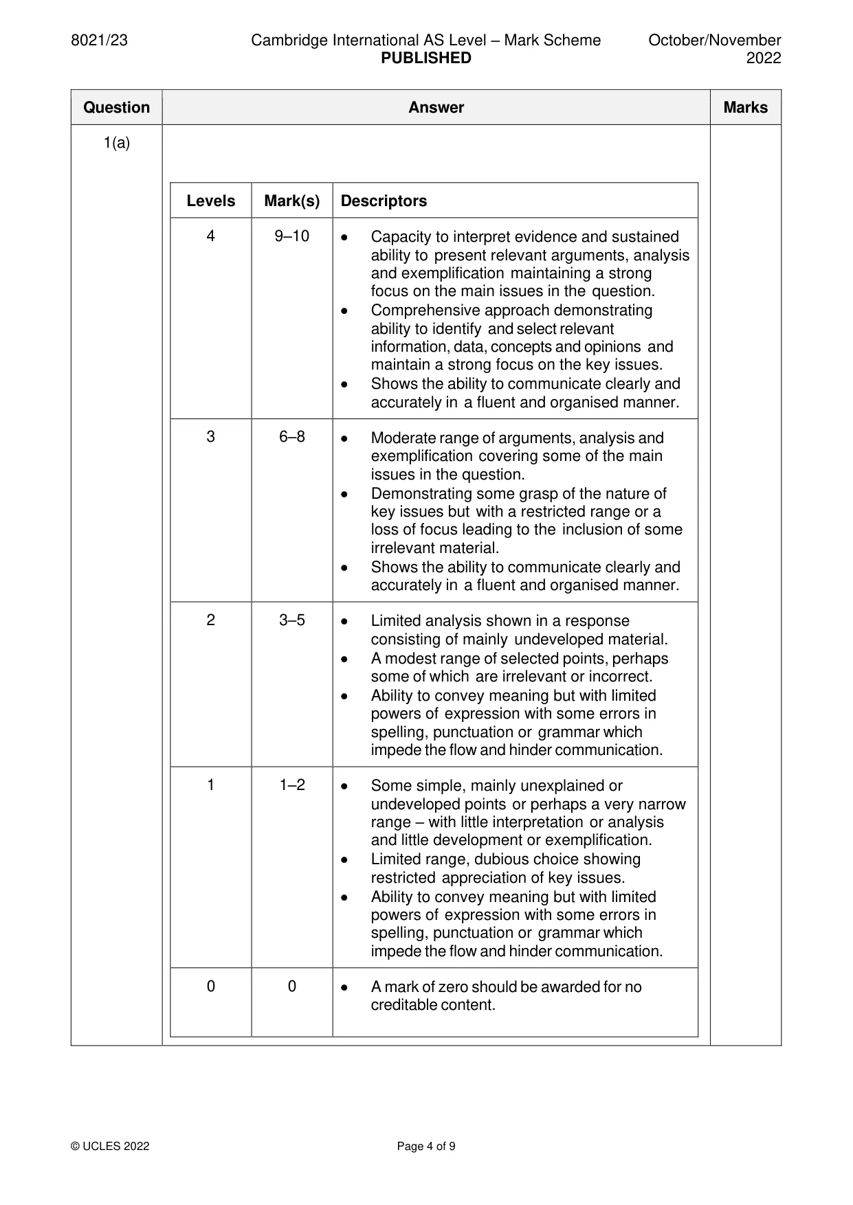 Mark scheme, page 4 of 9