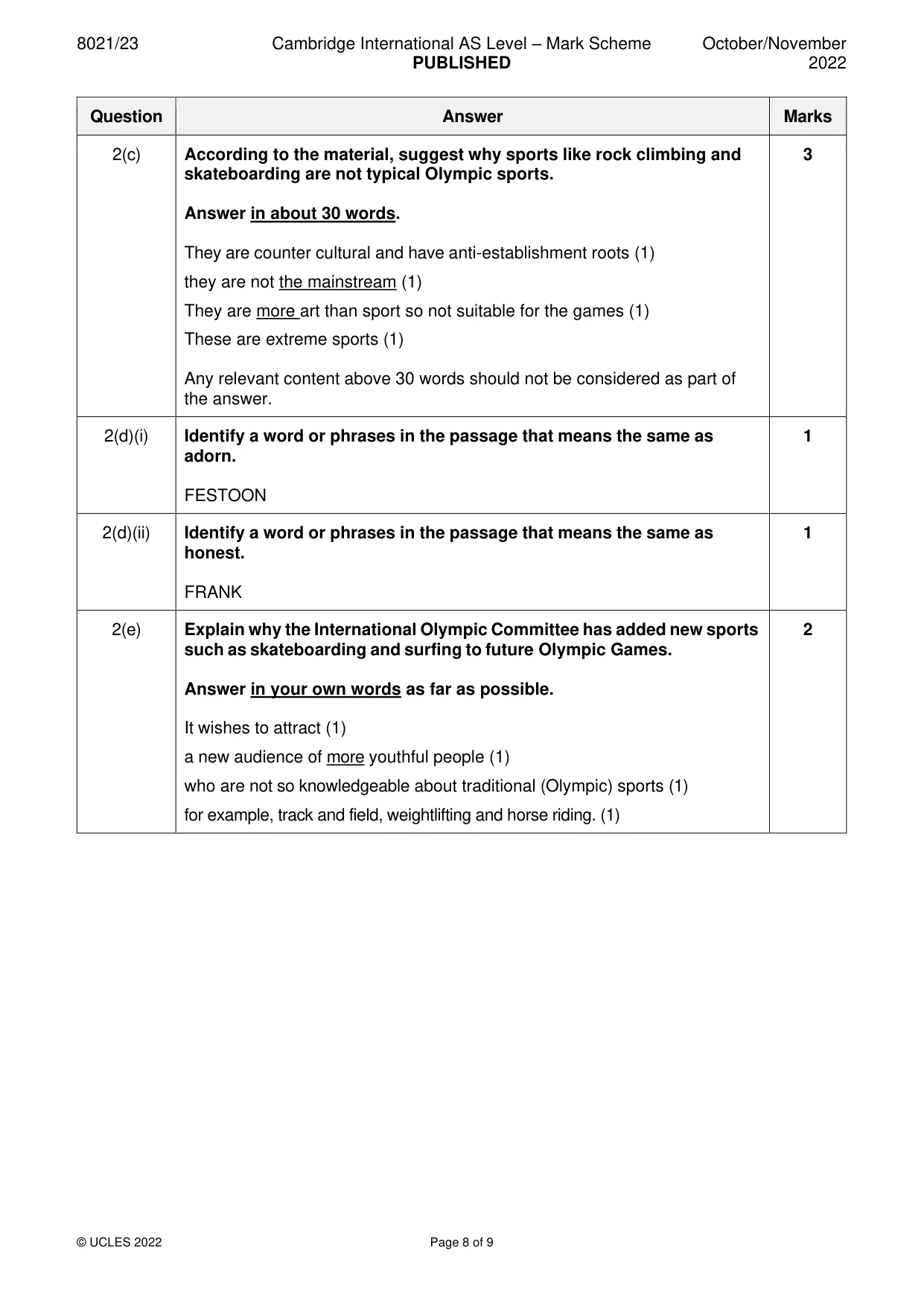 Mark scheme, page 8 of 9