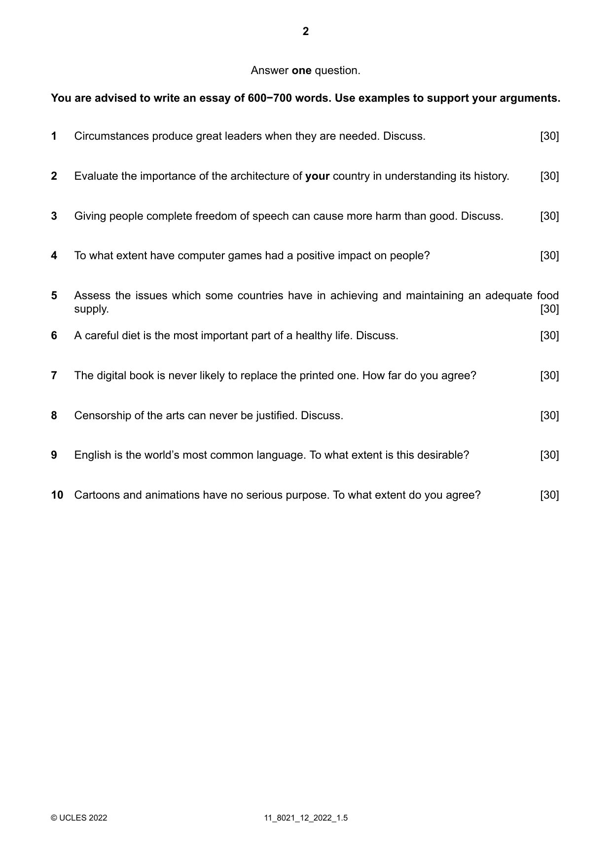 Cambridge A Level English General Paper 8021 2022 Oct/Nov Paper 1 · Variant 2 question paper, page 2 of 4