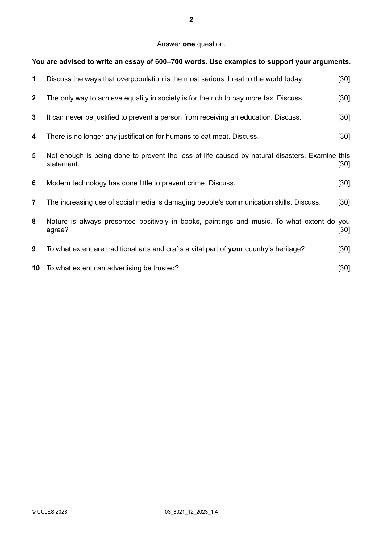 Cambridge A Level English General Paper 8021 2023 Feb/March Paper 1 · Variant 2 question paper, page 2 of 4