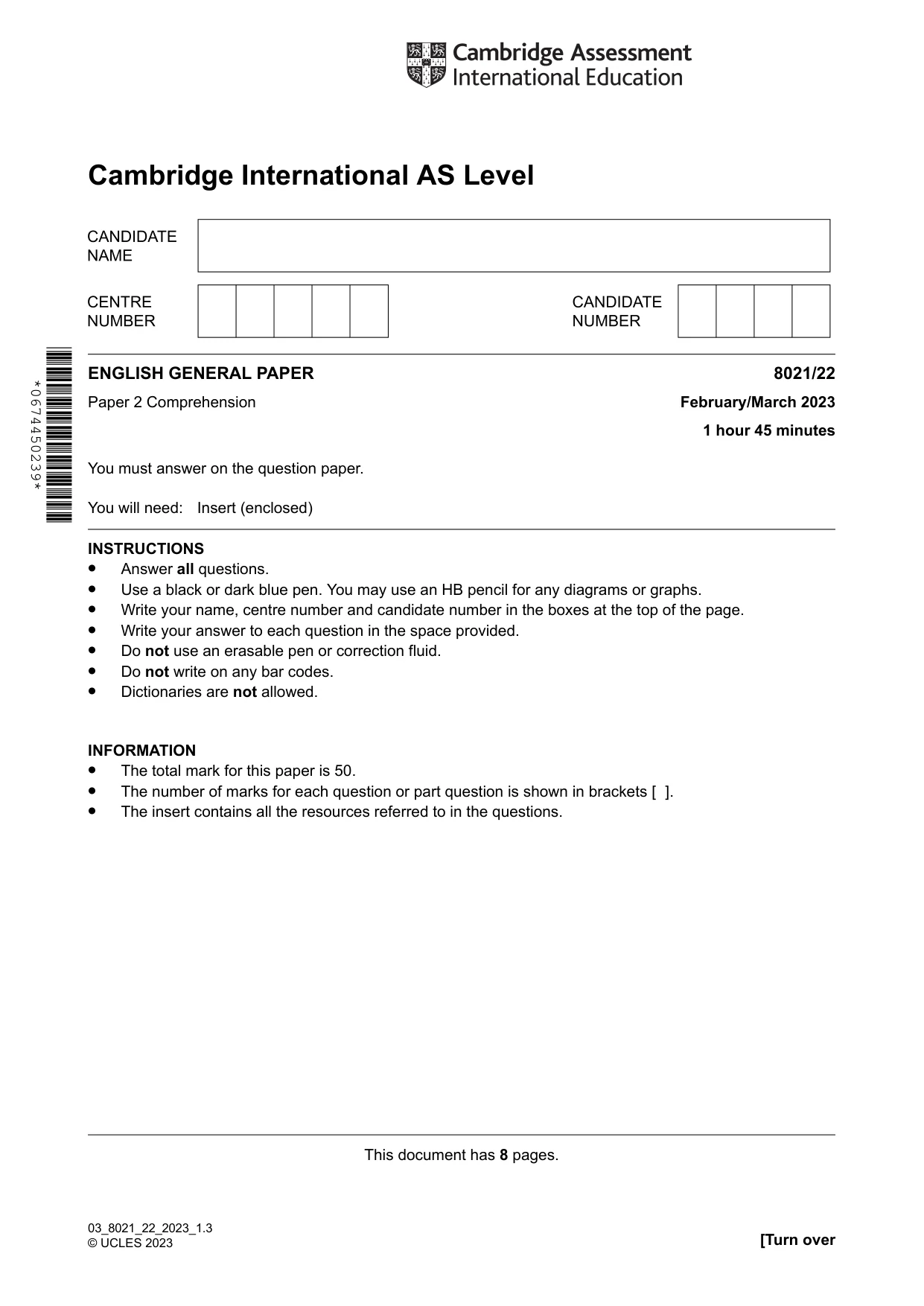 Cambridge A Level English General Paper 8021 2023 Feb/March Paper 2 · Variant 2 question paper, page 1 of 8