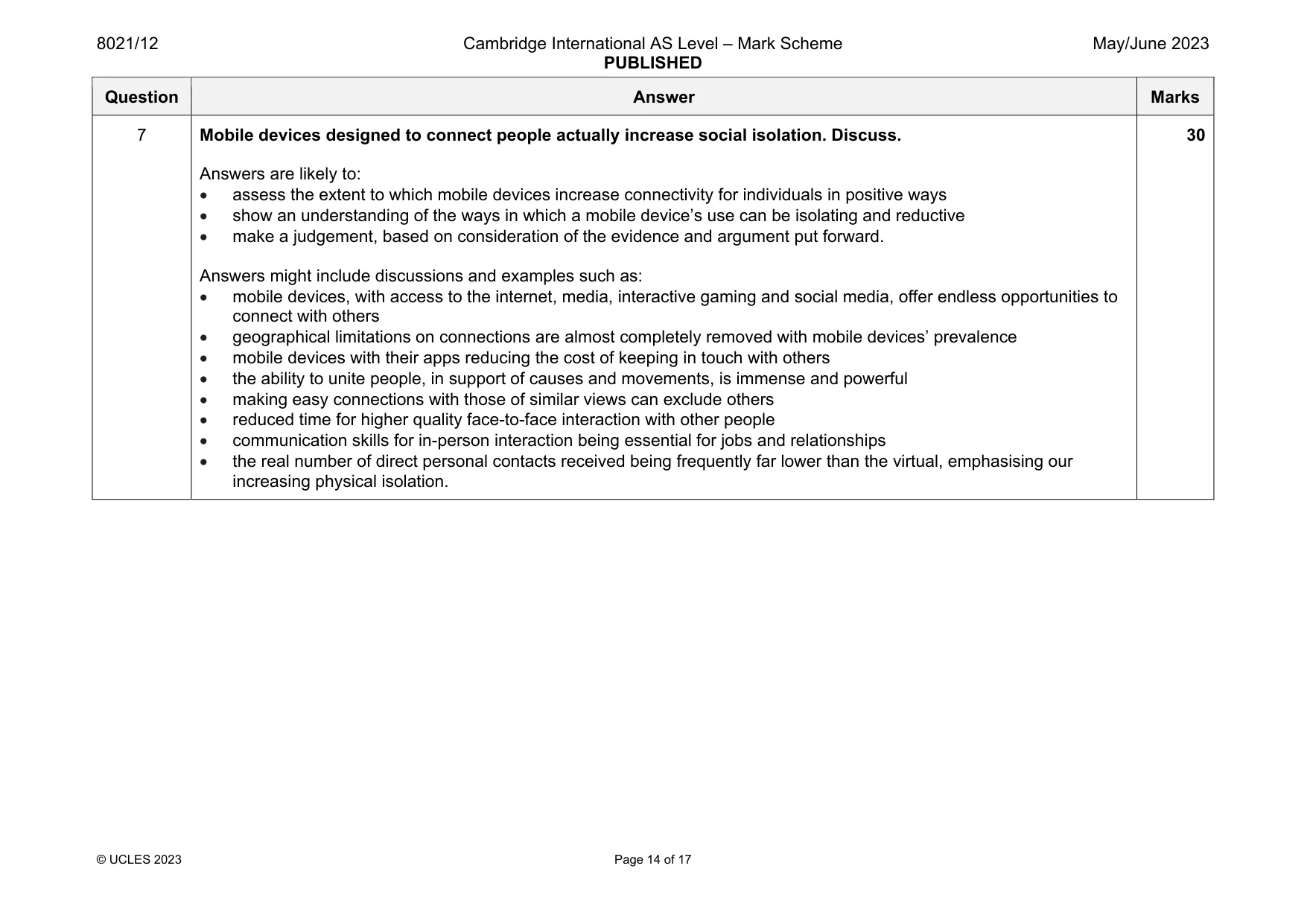 Mark scheme, page 14 of 17