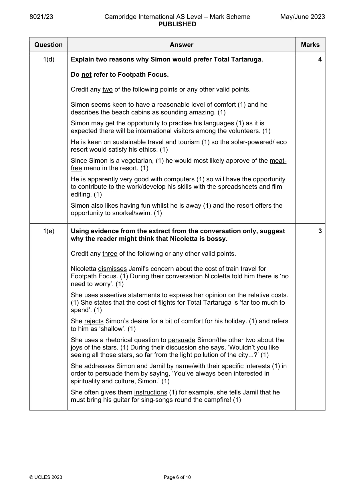 Mark scheme, page 6 of 10