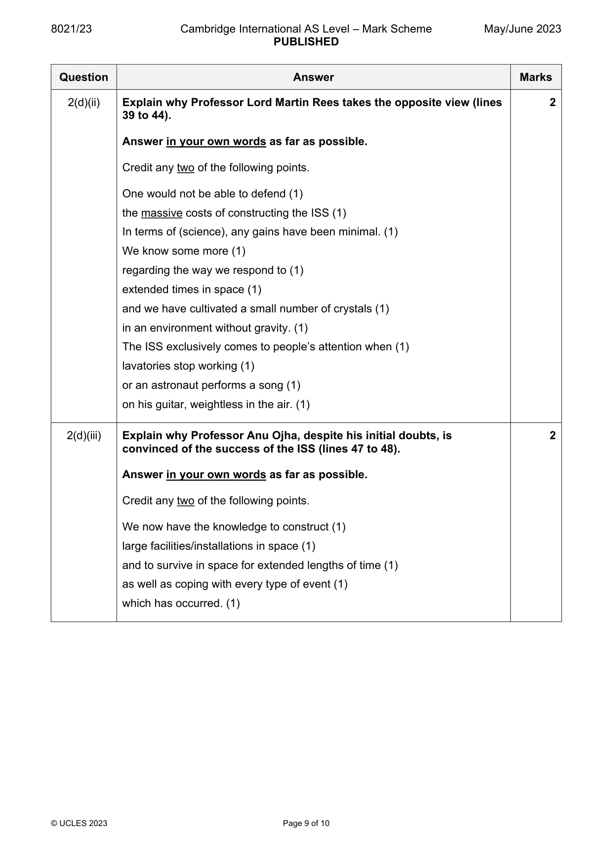 Mark scheme, page 9 of 10