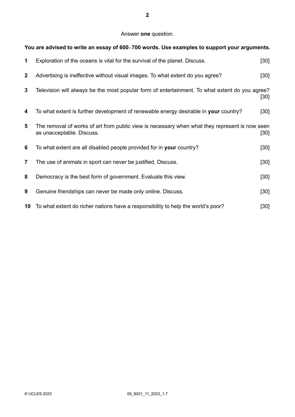 Cambridge A Level English General Paper 8021 2023 May/June Paper 1 · Variant 1 question paper, page 2 of 4