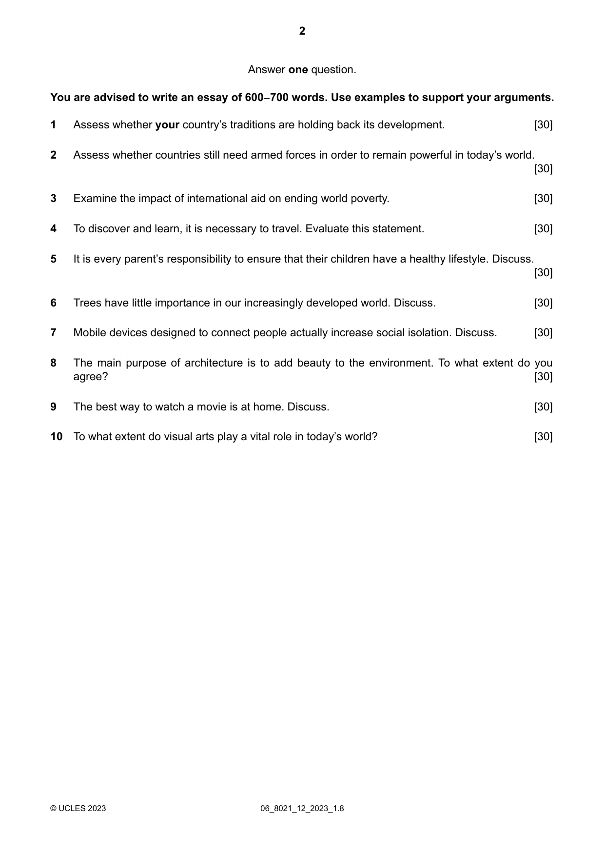 Cambridge A Level English General Paper 8021 2023 May/June Paper 1 · Variant 2 question paper, page 2 of 4