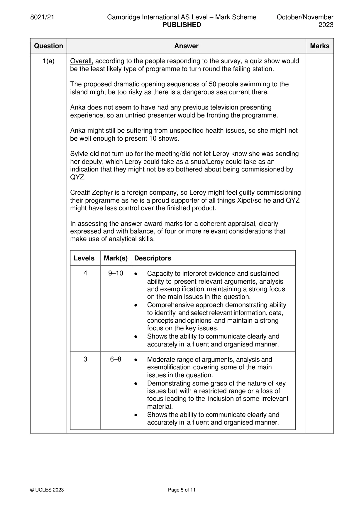 Mark scheme, page 5 of 11