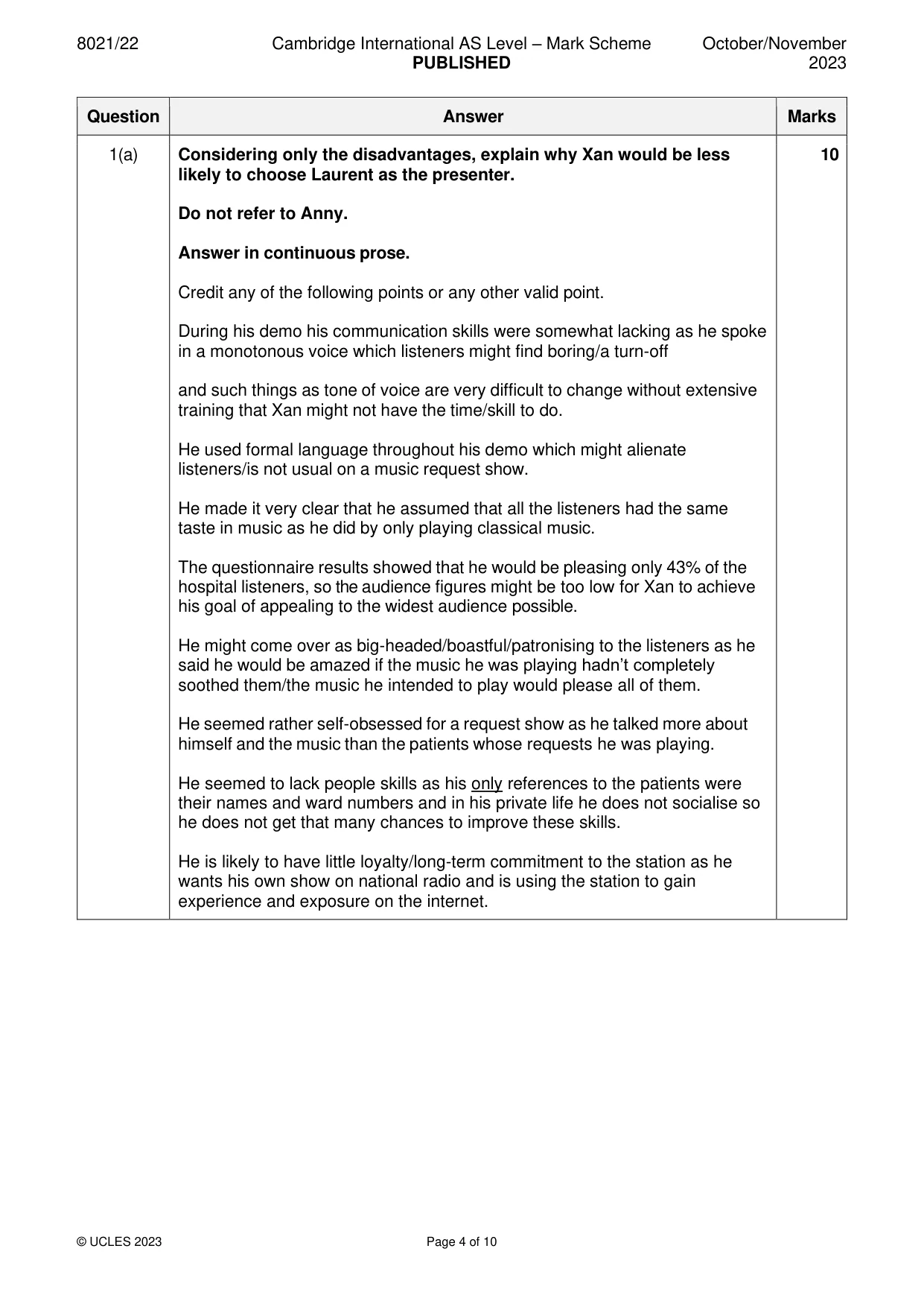 Mark scheme, page 4 of 10