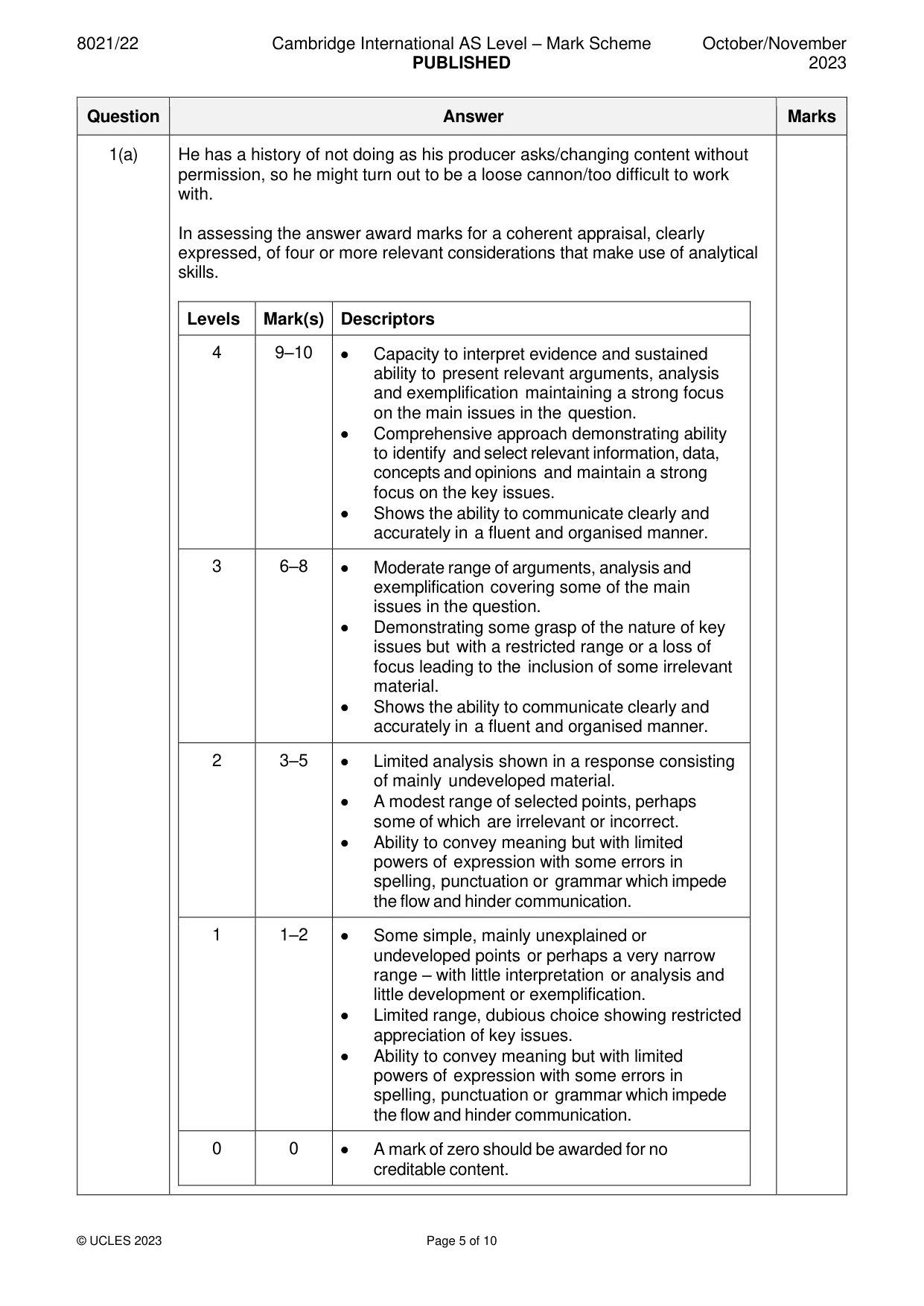 Mark scheme, page 5 of 10