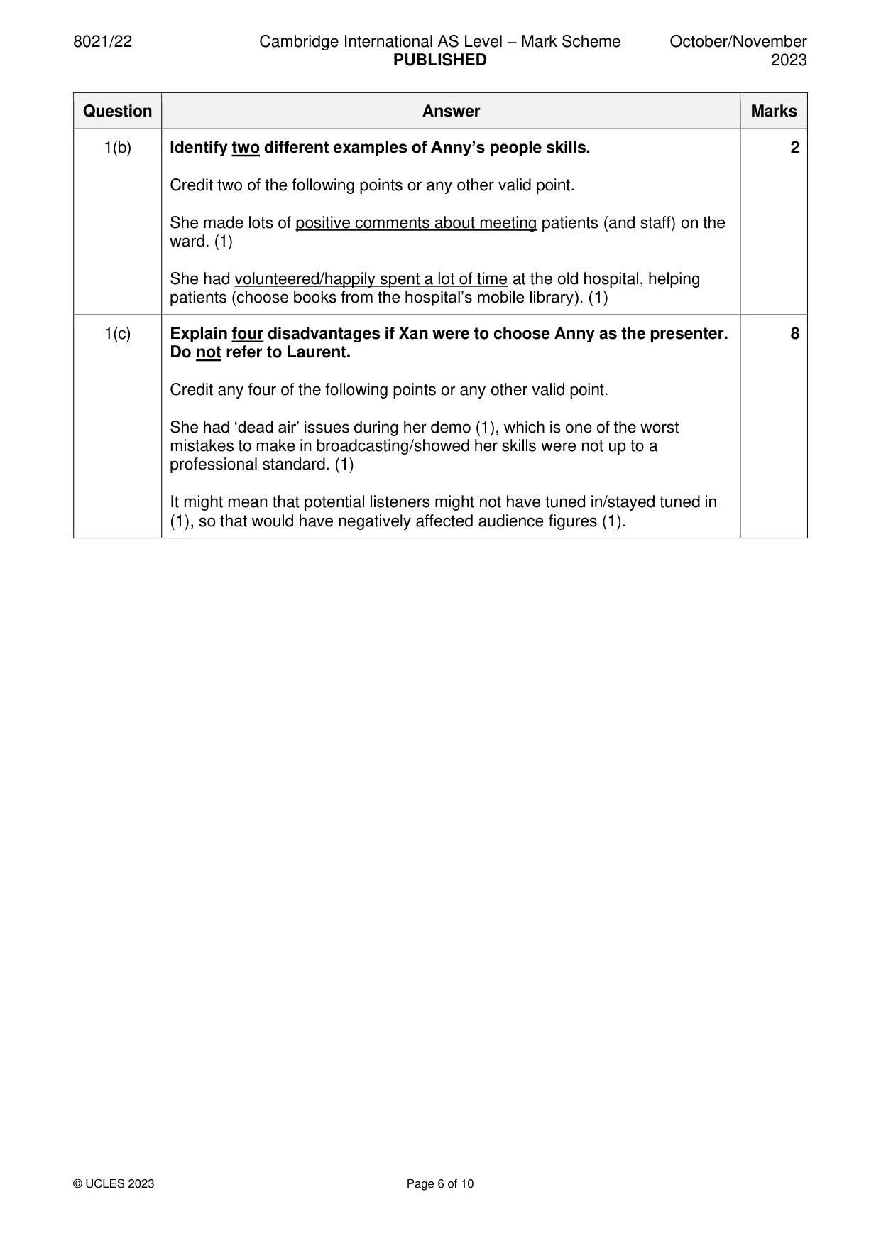 Mark scheme, page 6 of 10