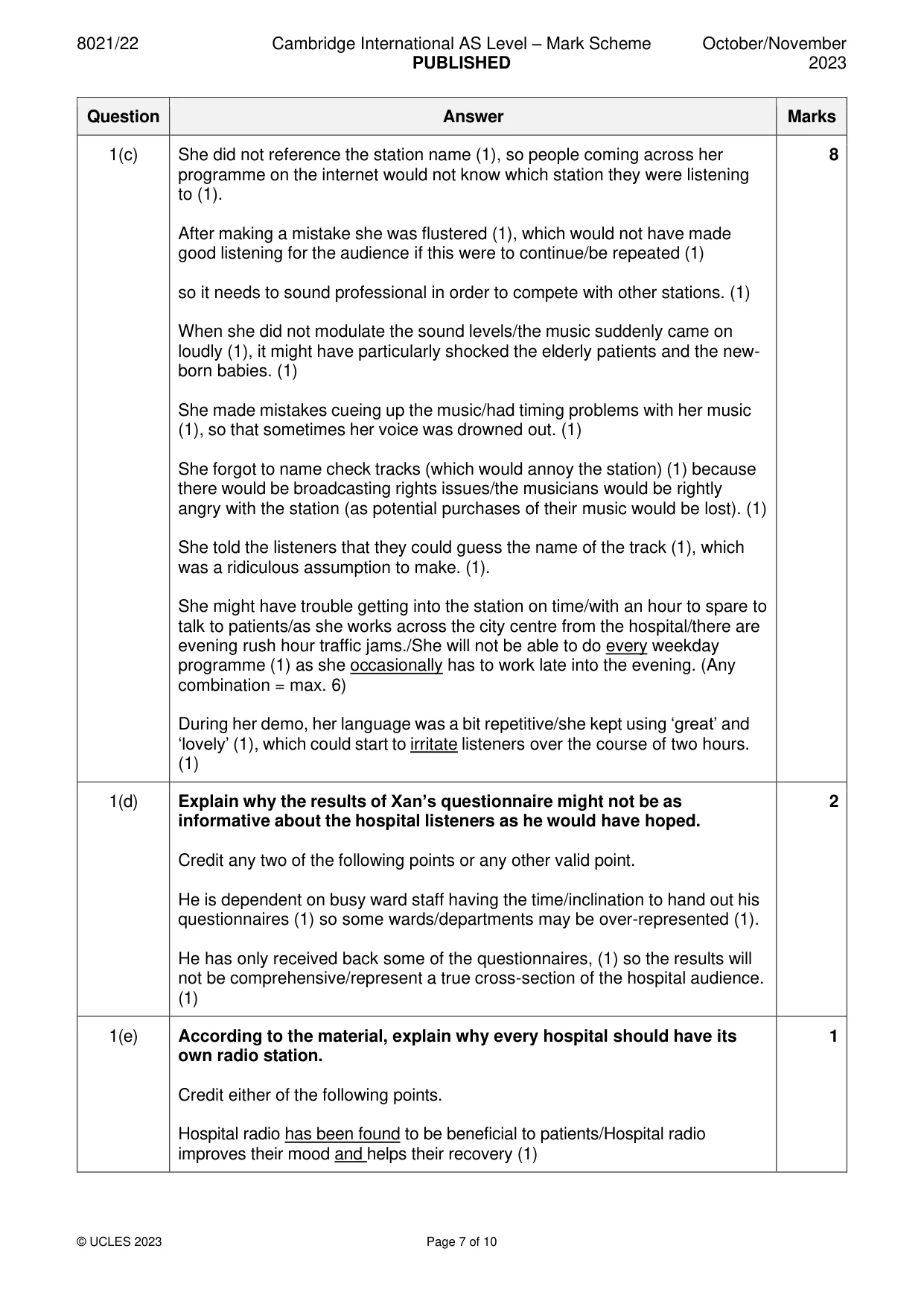 Mark scheme, page 7 of 10