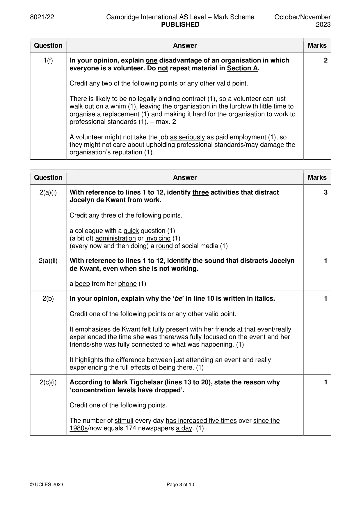 Mark scheme, page 8 of 10