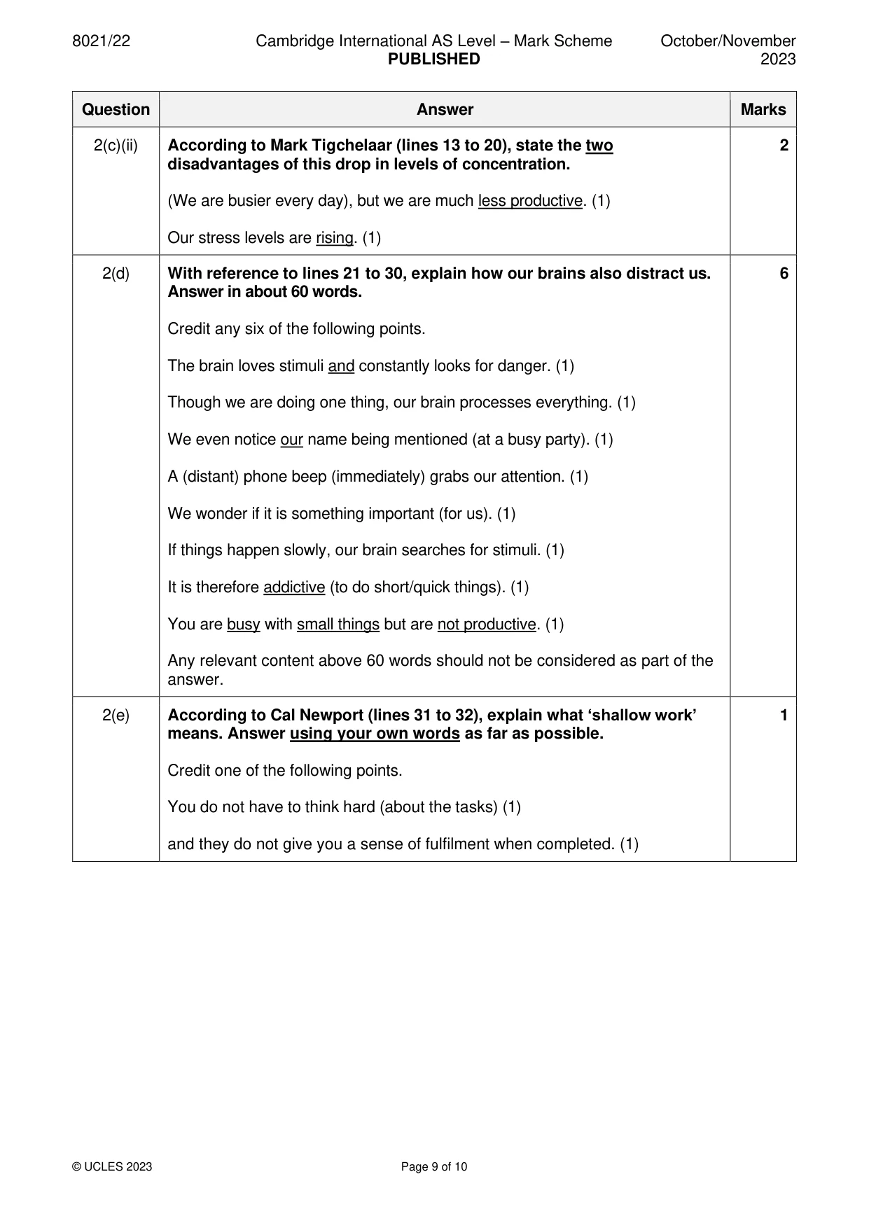 Mark scheme, page 9 of 10