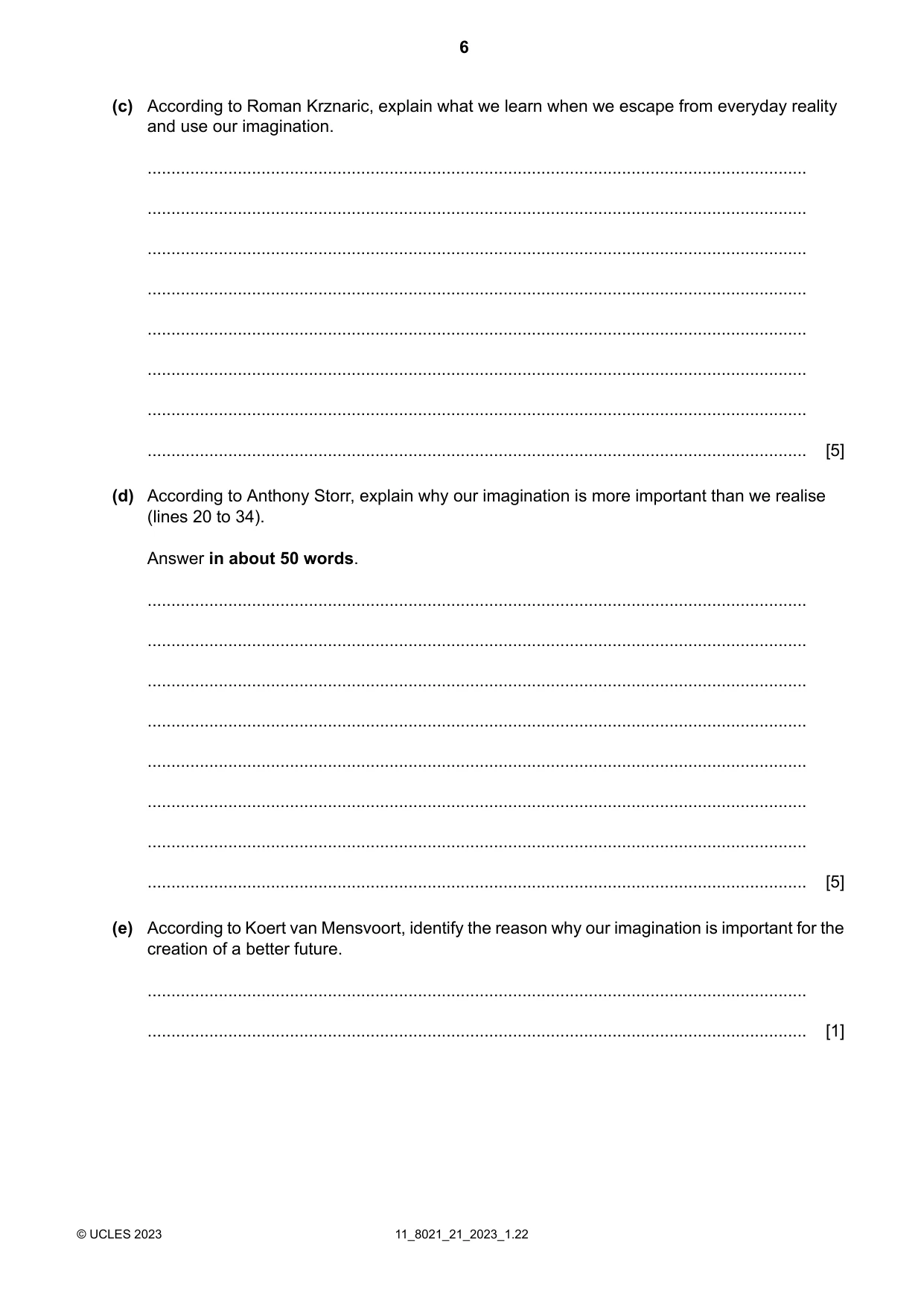 Cambridge A Level English General Paper 8021 2023 Oct/Nov Paper 2 · Variant 1 question paper, page 6 of 8
