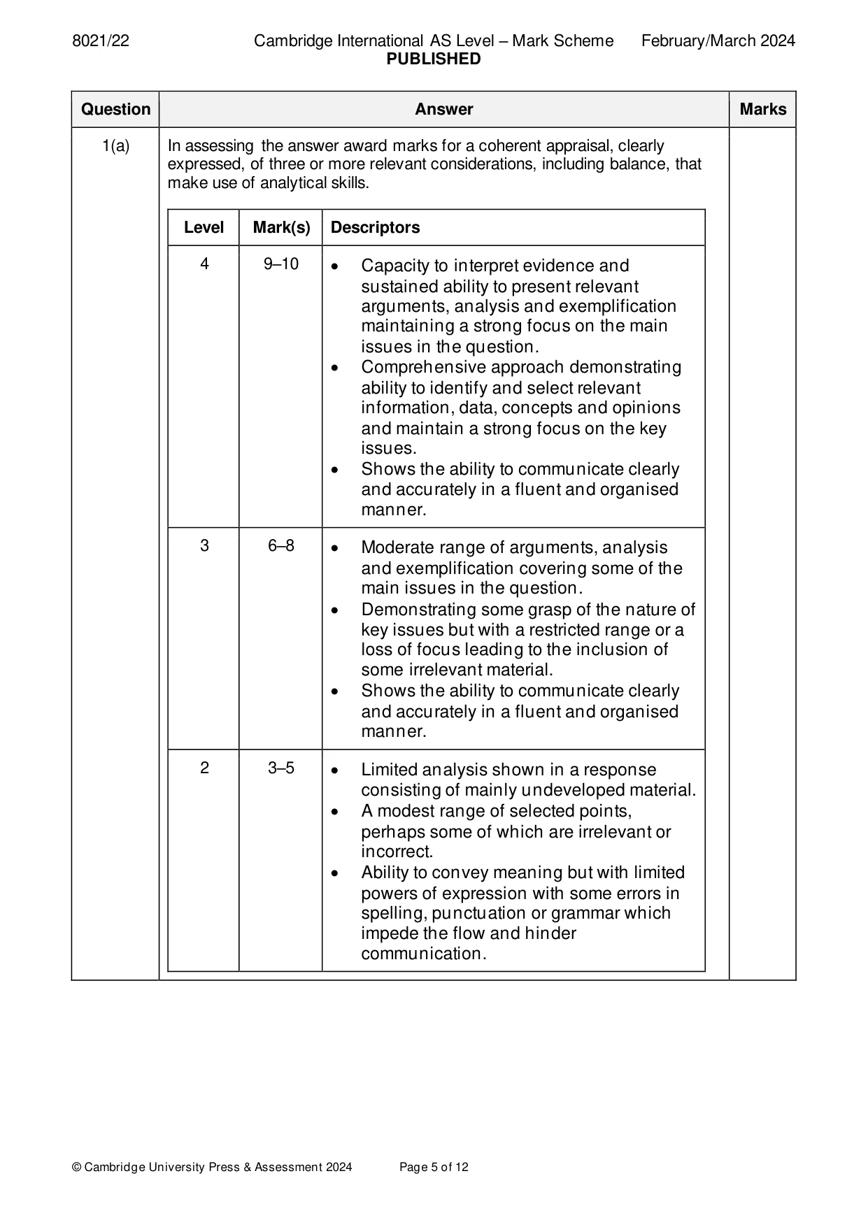 Mark scheme, page 5 of 12