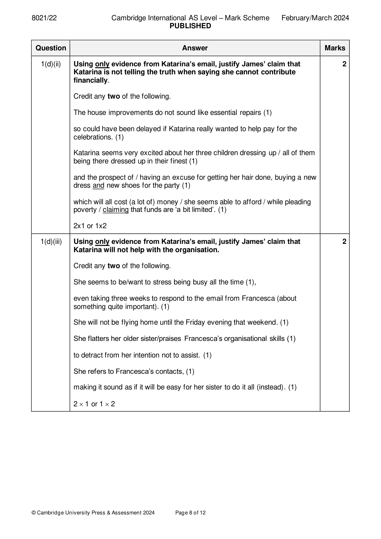 Mark scheme, page 8 of 12