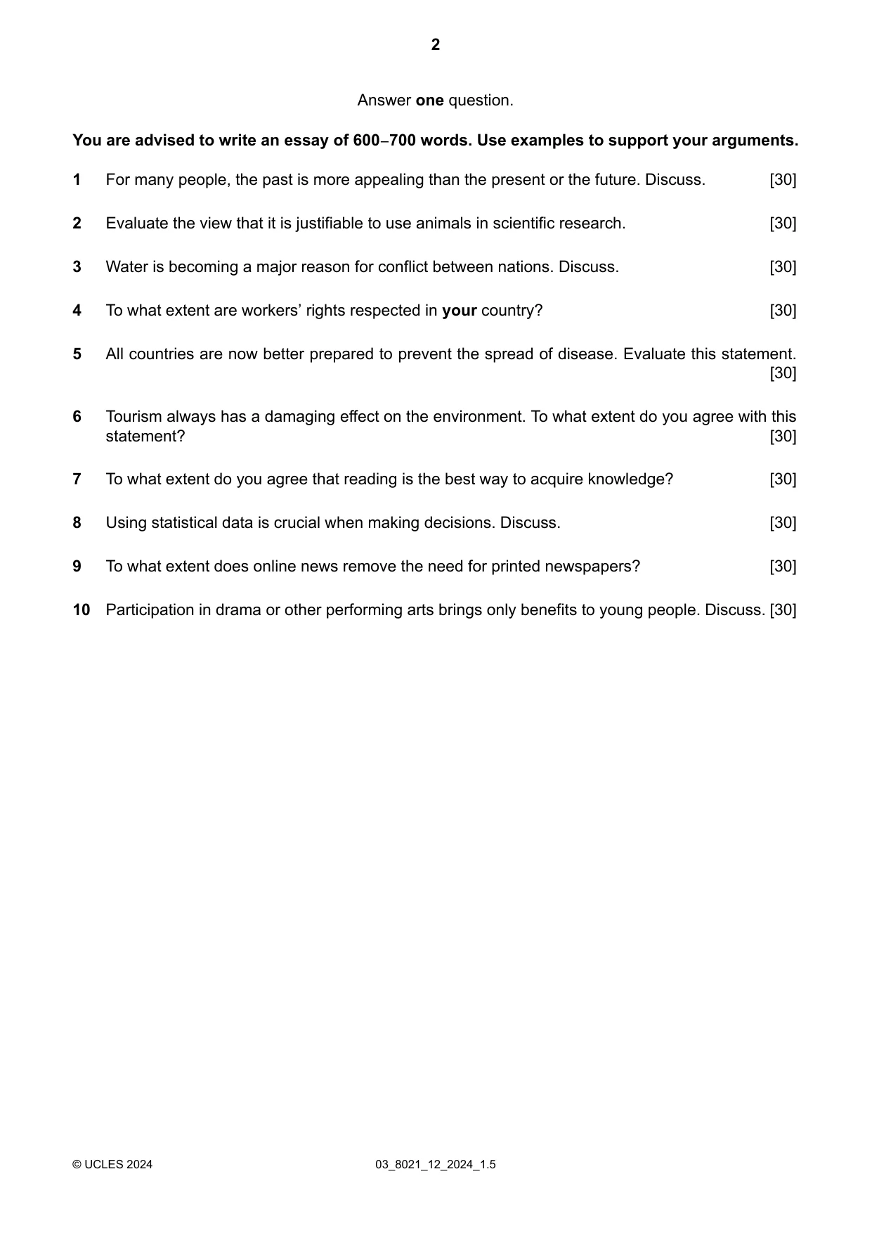 Cambridge A Level English General Paper 8021 2024 Feb/March Paper 1 · Variant 2 question paper, page 2 of 4