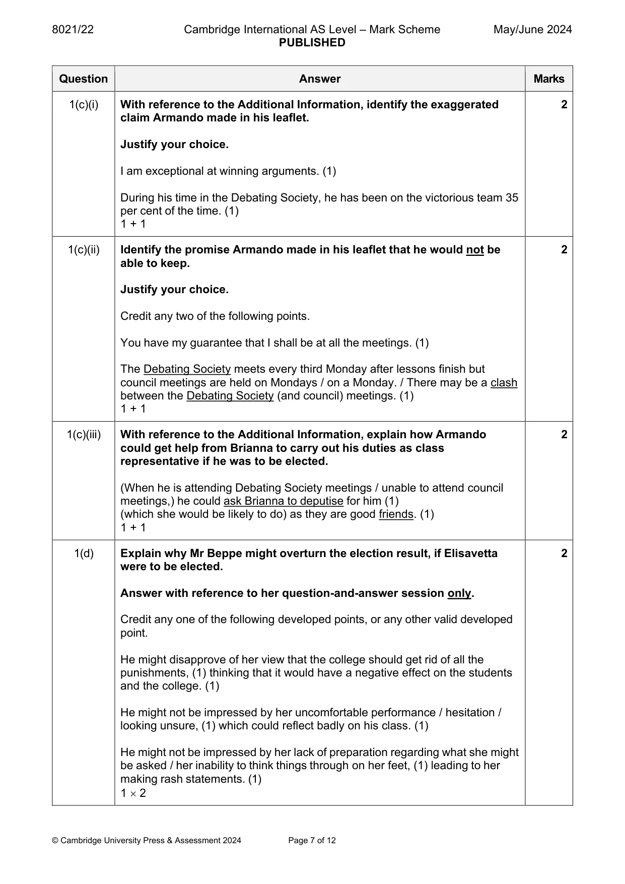 Mark scheme, page 7 of 12