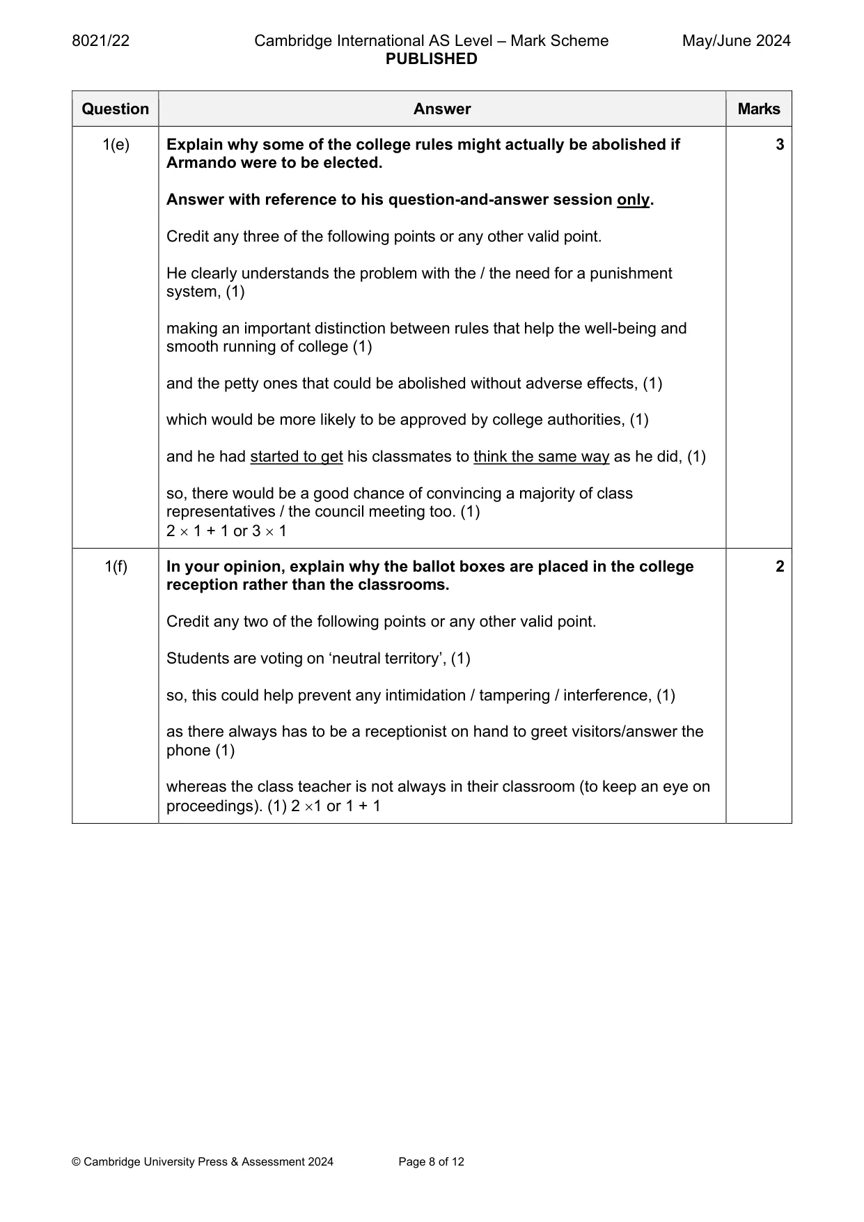 Mark scheme, page 8 of 12