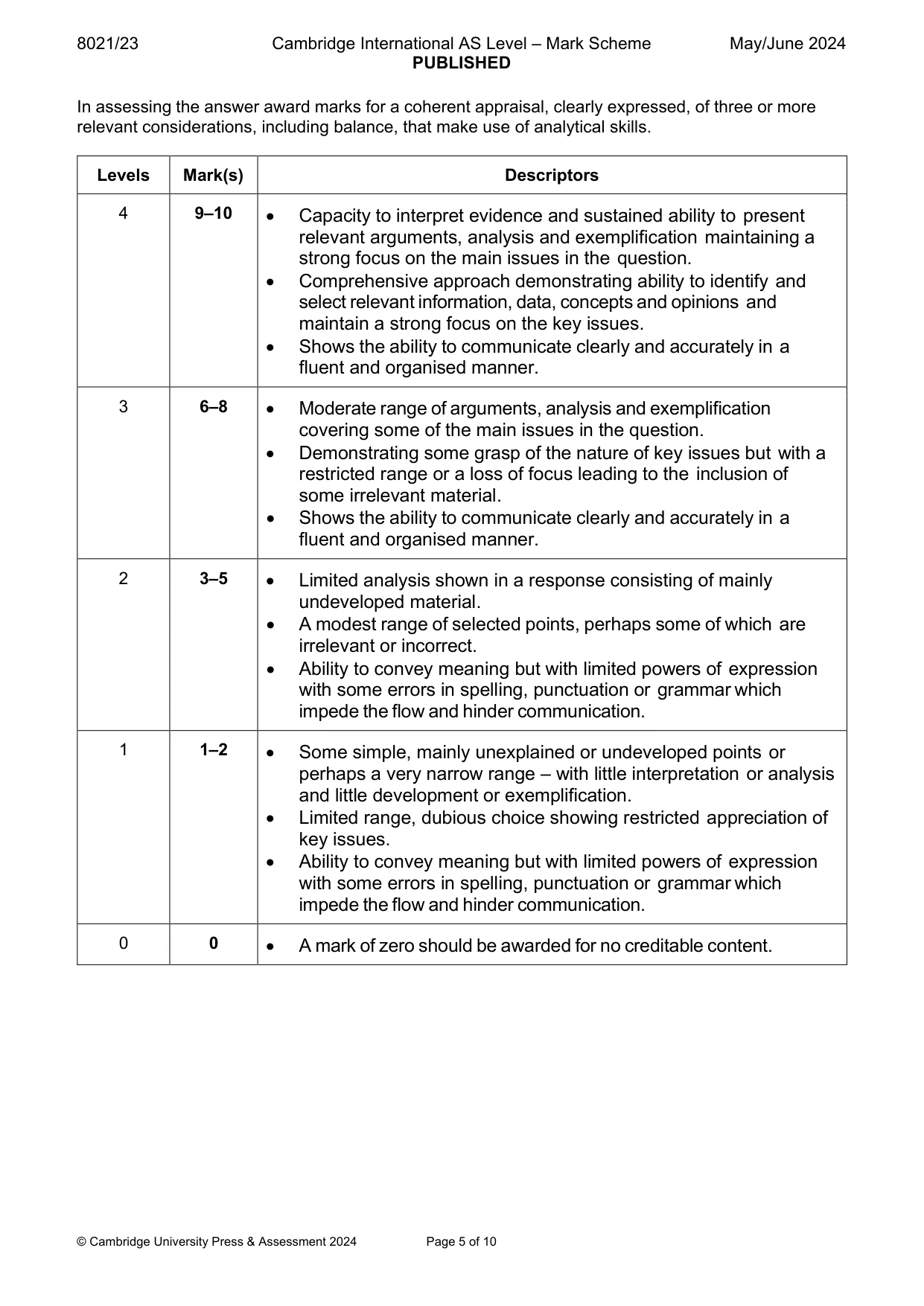 Mark scheme, page 5 of 10