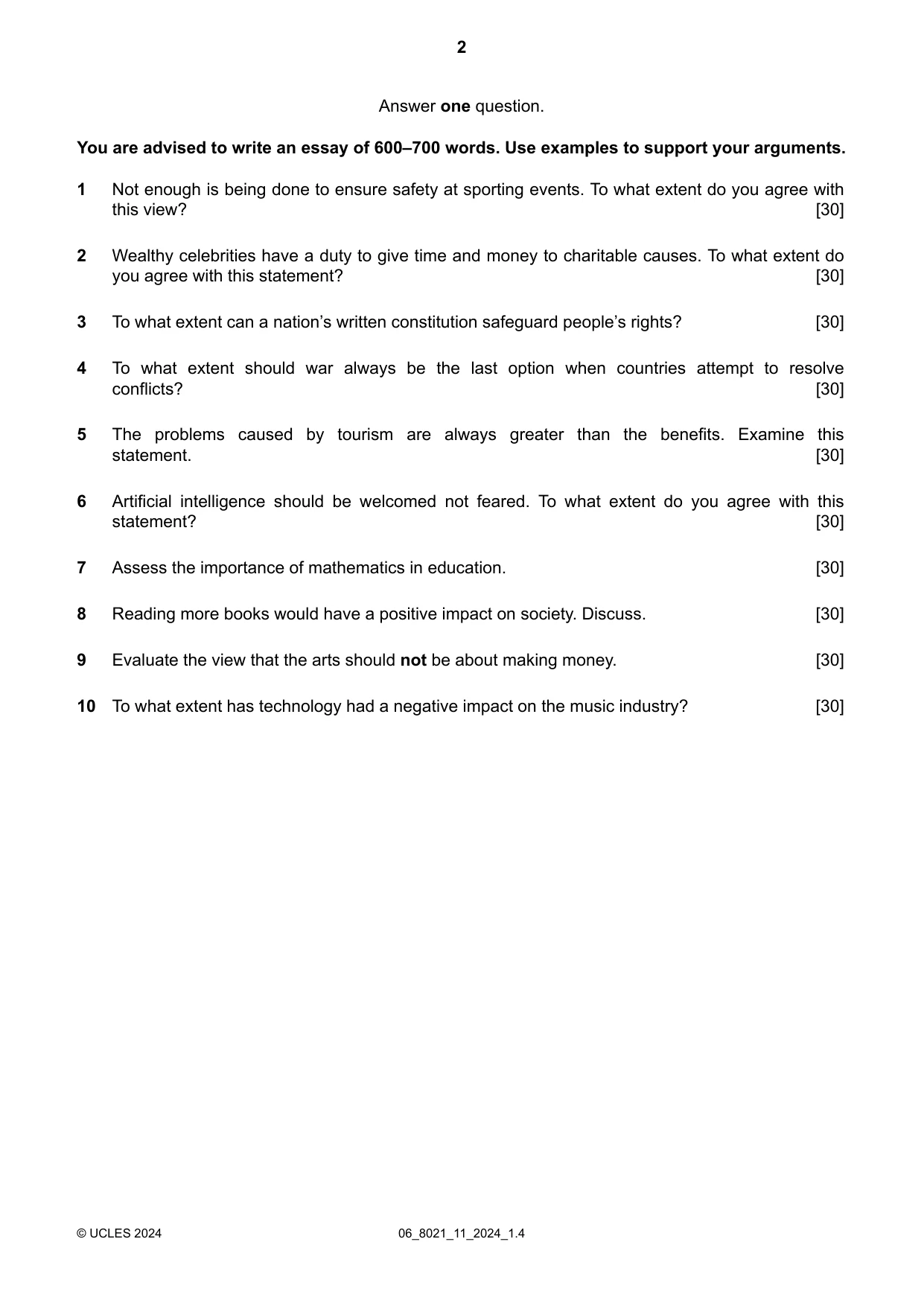 Cambridge A Level English General Paper 8021 2024 May/June Paper 1 · Variant 1 question paper, page 2 of 4