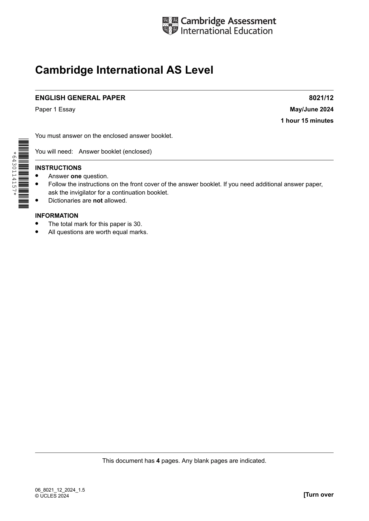 Cambridge A Level English General Paper 8021 2024 May/June Paper 1 · Variant 2 question paper, page 1 of 4