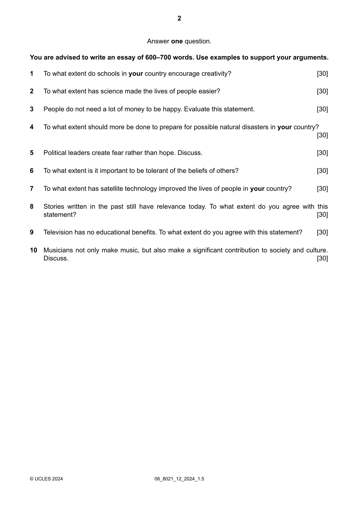Cambridge A Level English General Paper 8021 2024 May/June Paper 1 · Variant 2 question paper, page 2 of 4