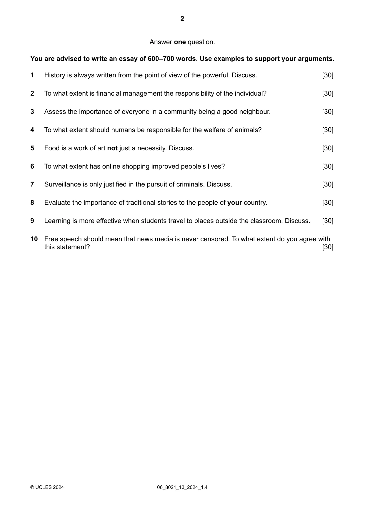 Cambridge A Level English General Paper 8021 2024 May/June Paper 1 · Variant 3 question paper, page 2 of 4