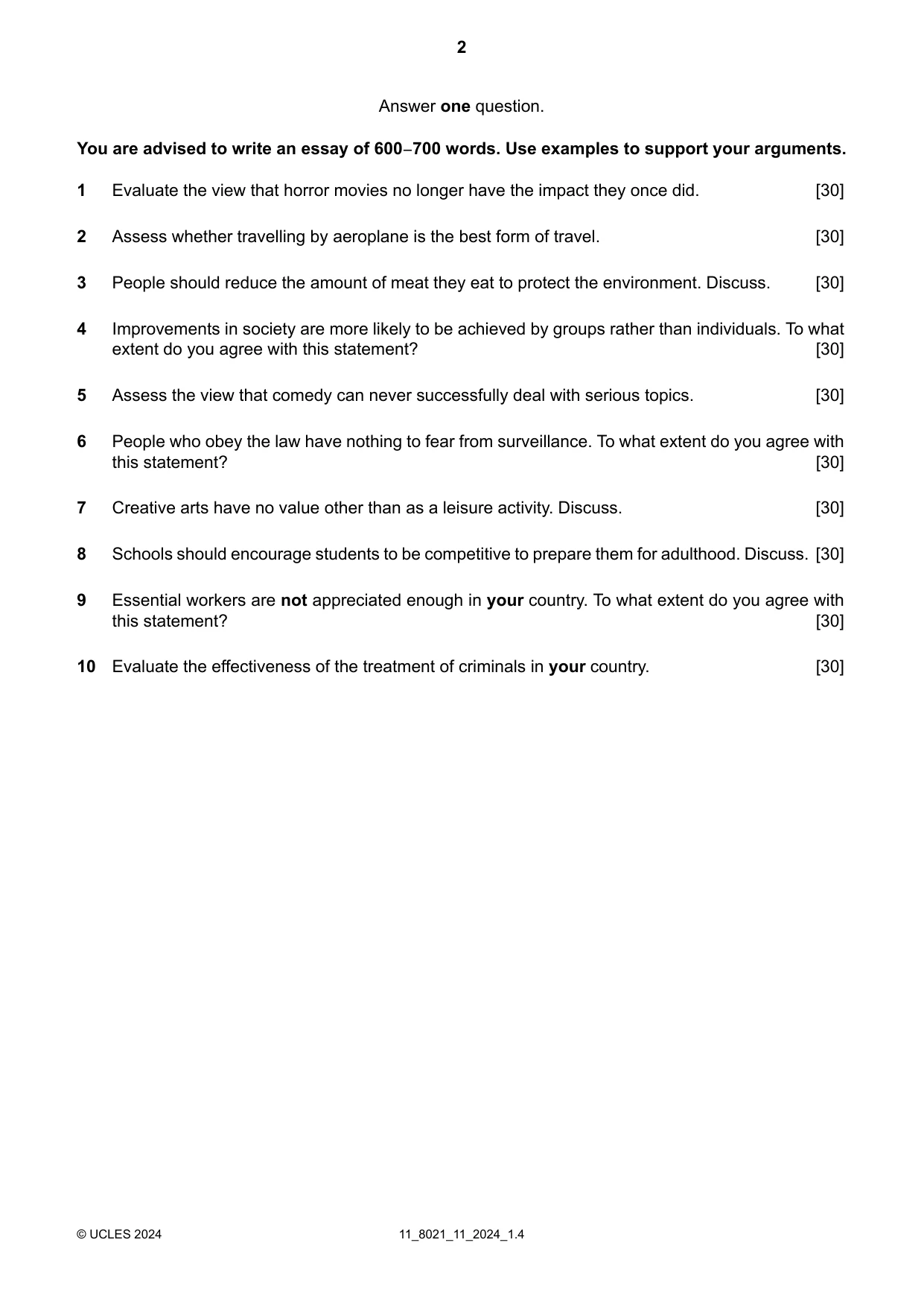 Cambridge A Level English General Paper 8021 2024 Oct/Nov Paper 1 · Variant 1 question paper, page 2 of 4
