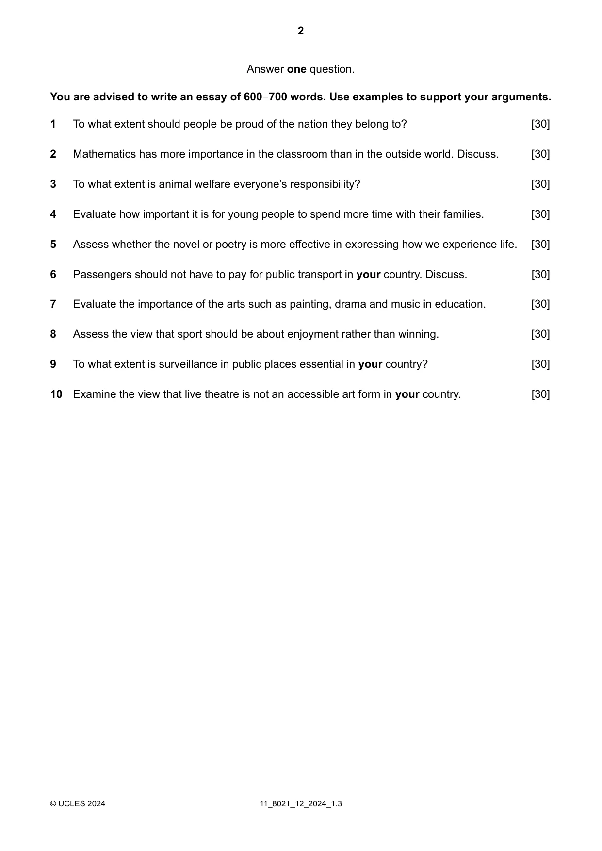 Cambridge A Level English General Paper 8021 2024 Oct/Nov Paper 1 · Variant 2 question paper, page 2 of 4