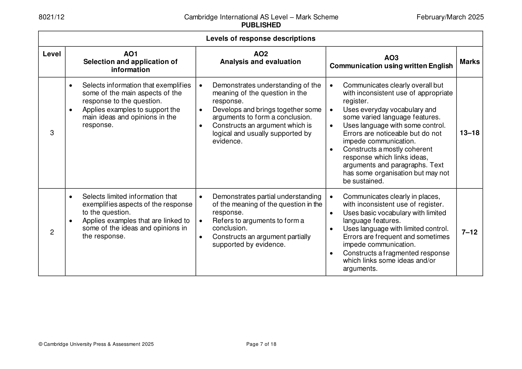 Mark scheme, page 7 of 18