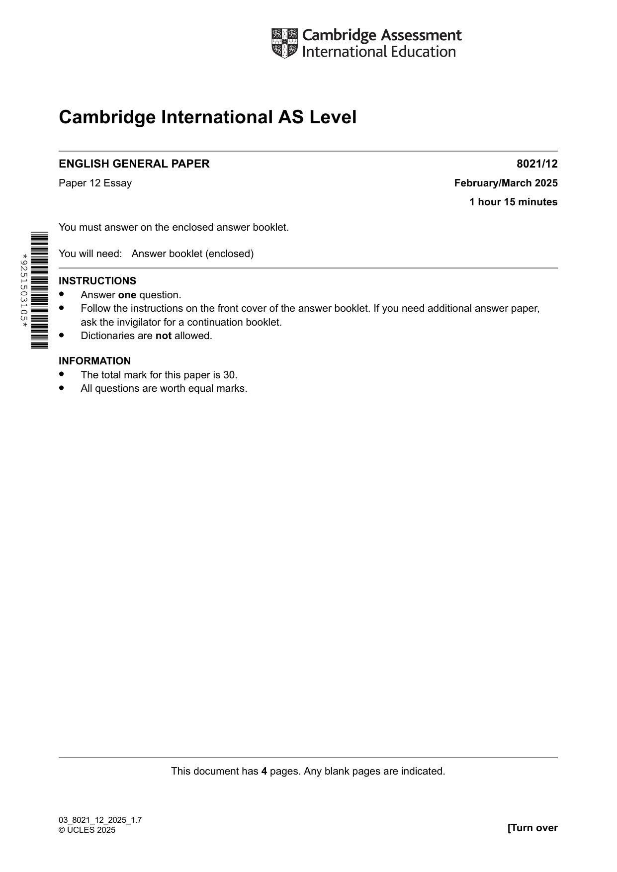 Cambridge A Level English General Paper 8021 2025 Feb/March Paper 1 · Variant 2 question paper, page 1 of 4