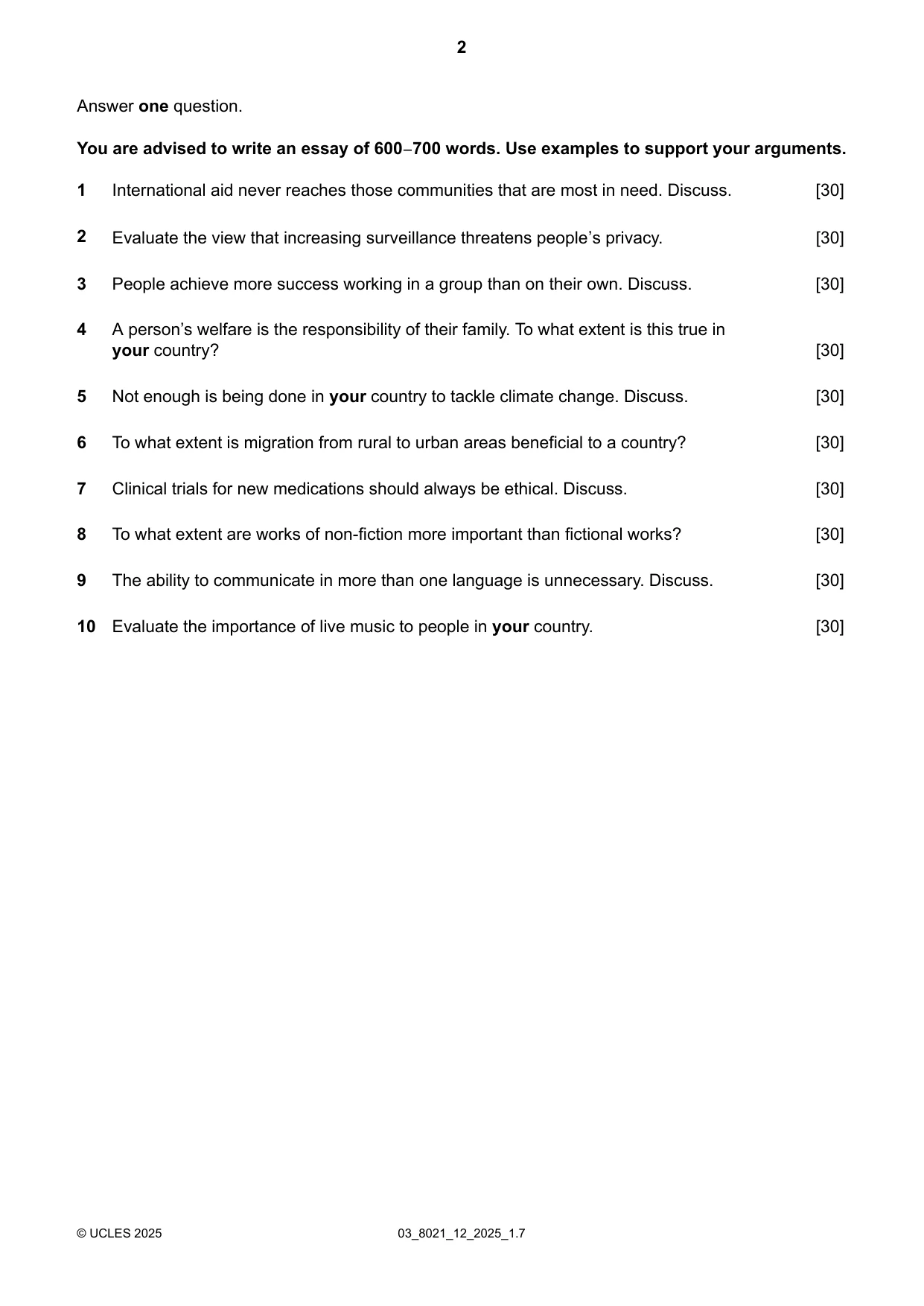 Cambridge A Level English General Paper 8021 2025 Feb/March Paper 1 · Variant 2 question paper, page 2 of 4