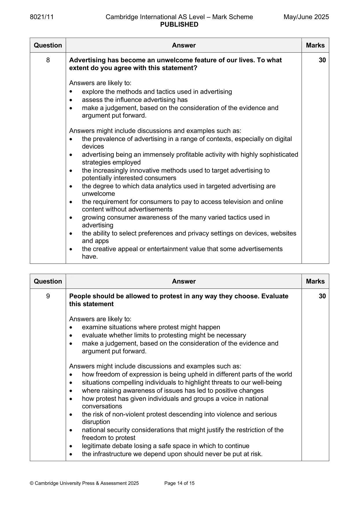 Mark scheme, page 14 of 15